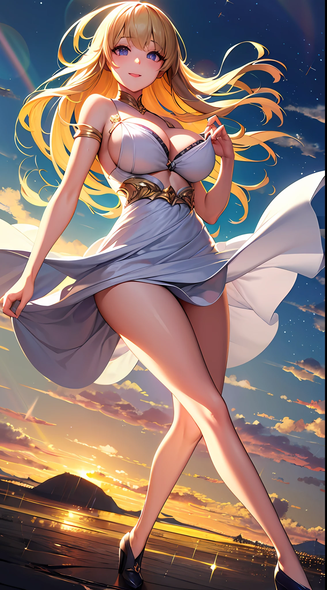 ((masterpiece)), ((best quality)), (ultra-detailed), ((kawaii)), cute, (lovely), ((sexy)), (ero), ((extremely detailed)), 4K, (8K), best quality, (beautiful), anime style, dynamic angle, in the middle, look up from below, colorful, full body focus, green meadow, morning, sunrise, summer, a cute girl, 1girl, solo, white dress, beautiful gold hair, beautiful purple eyes, ((beautiful eyes)), white-skinned, long hair, large breast, light smile, sparkling effect, glitter effect, lens flare, wind effect, reflection effect