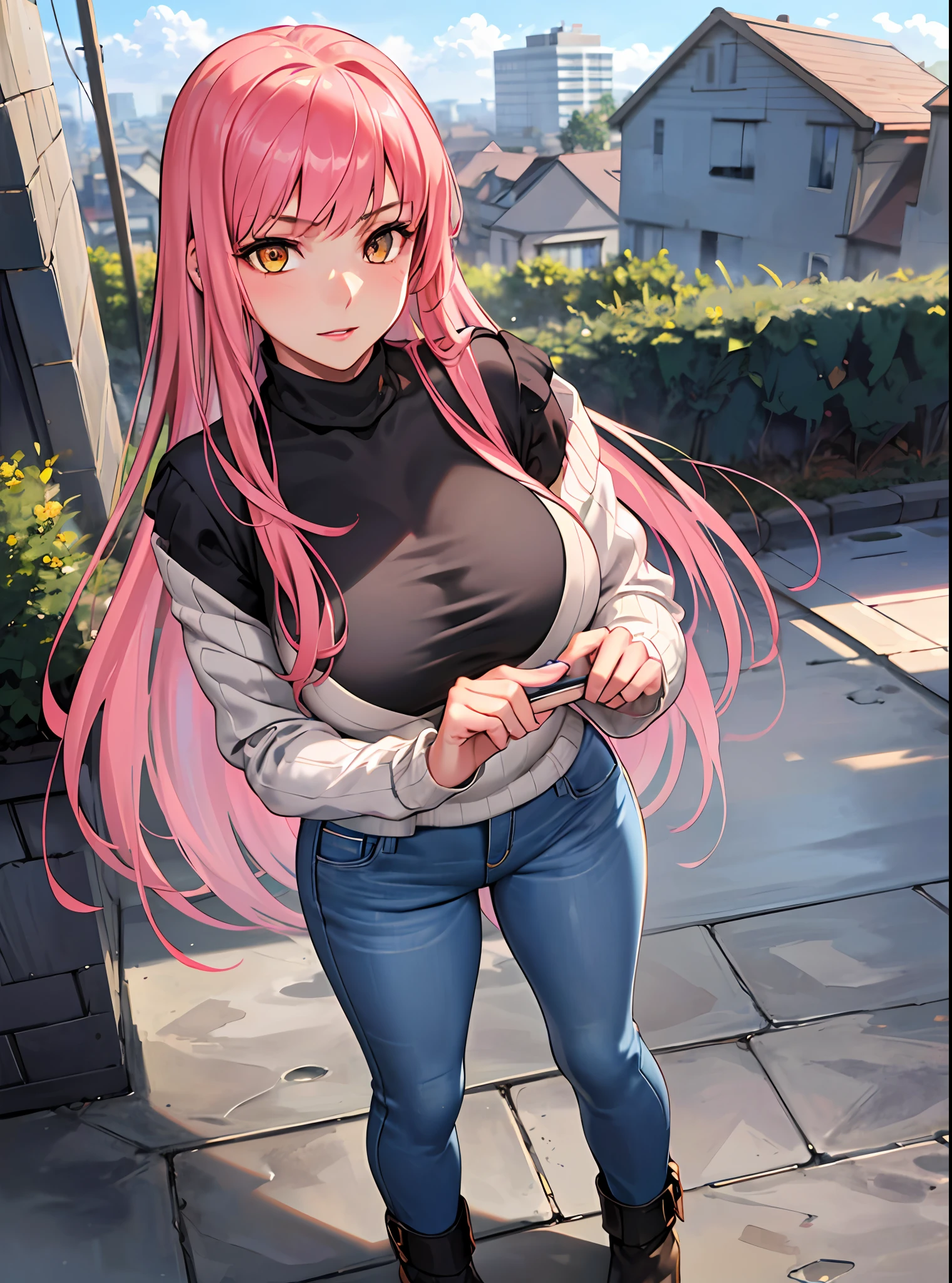 SFW (masterpiece, best quality,4k), ((solo:1.4)), ((1girl)), a beautiful young woman with pink hair (long hair), yellow eyes and pale skin. ((Huge breasts)), ((slim)), (slender), ((long legs)), blue skinny jeans (hugh-waisted jeans:1.2), white turtleneck sweater (long sleeves, pushup), boots, house, sidewalk, grass, suburbs, distant skyscrapers, sky, clouds, standing, good posture, content expression, confident expression, head-to-toe portrait, full body portrait, extremely detailed face, finely detailed face, beautiful face, beautiful eyes, extremely detailed eyes, finely detailed eyes, (realistic proportions), (good anatomy), (correct anatomy), (solo), (1girl)