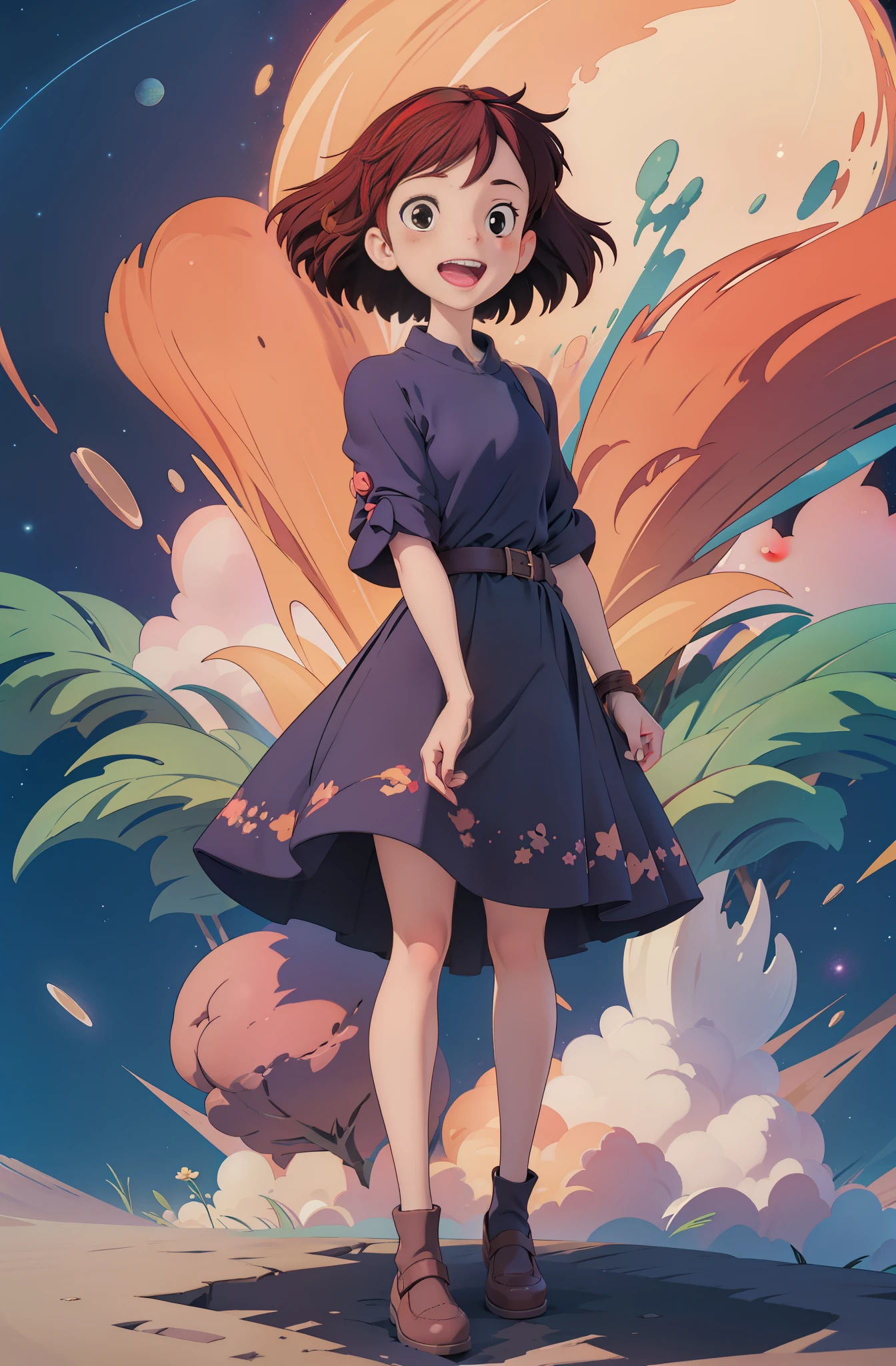 (masterpiece:1.2), (high quality:1.2), 1girl, full body adult Kiki, happy, big red hairtie, intricate detailed, softfocus, cosmic nebula stars background