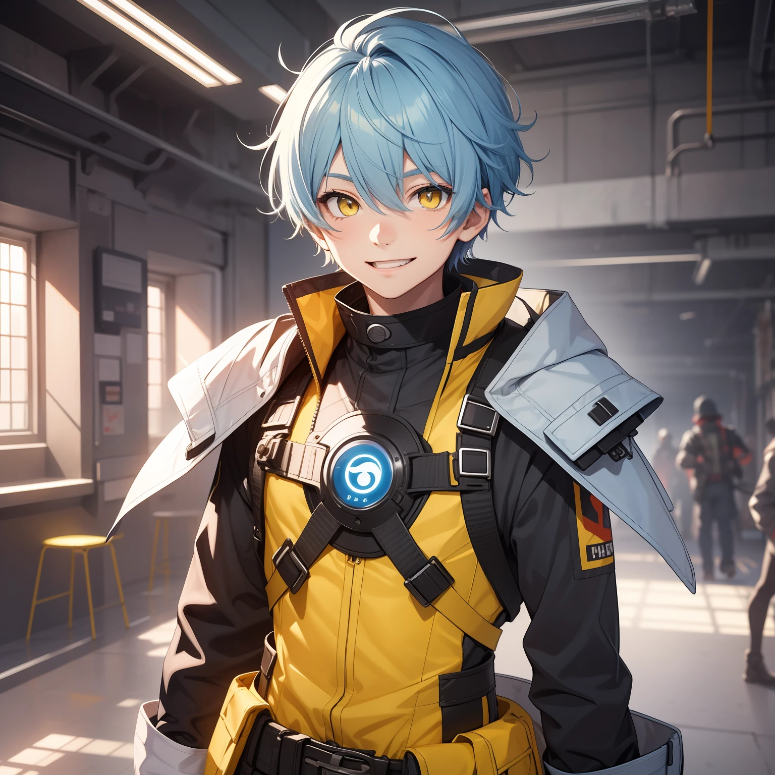 15-year-old boy, medium light blue hair, yellow eyes, yellow eyes, futuristic dress, cheerful smile