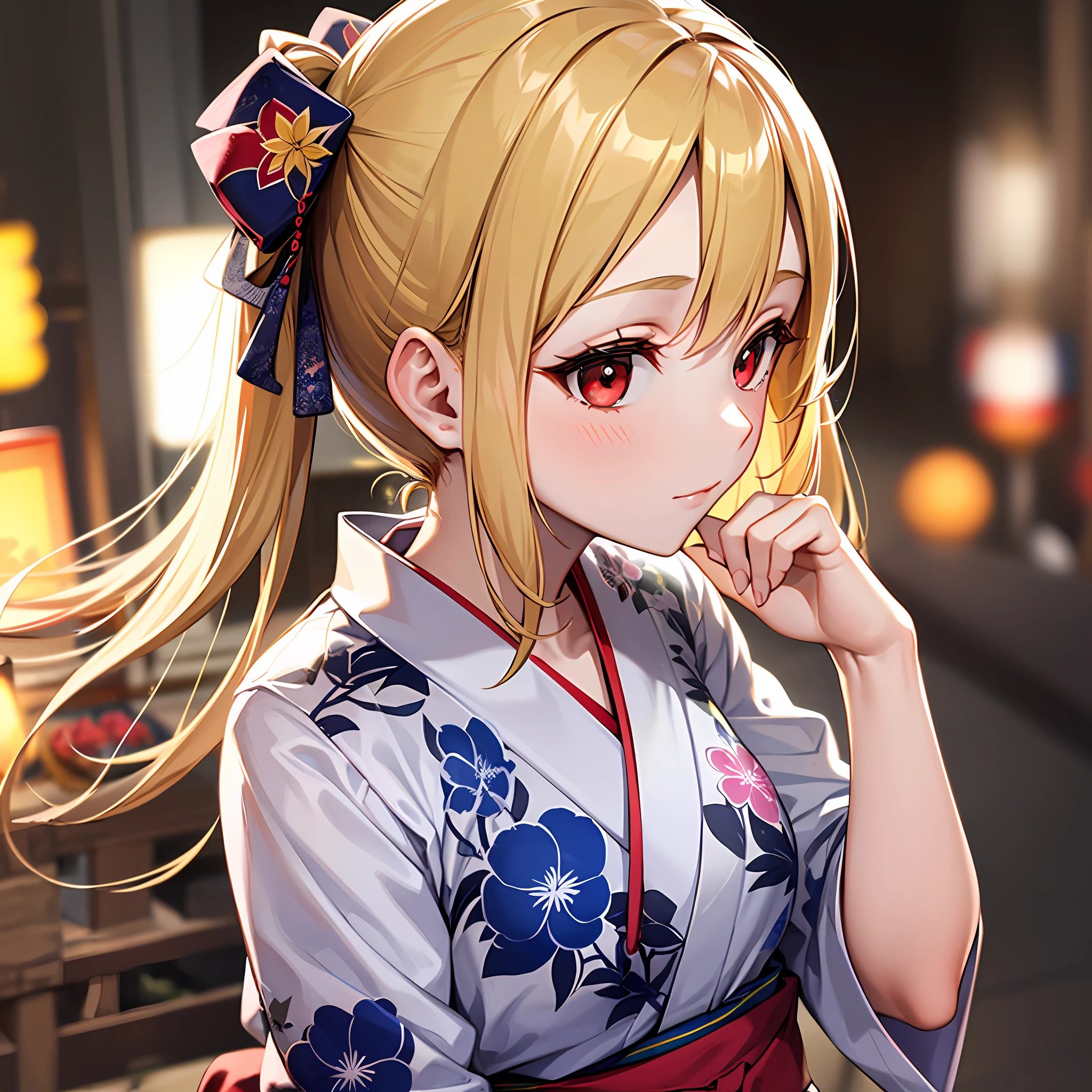 1 blonde girl, red eyes, solo, Japan festival, yukata