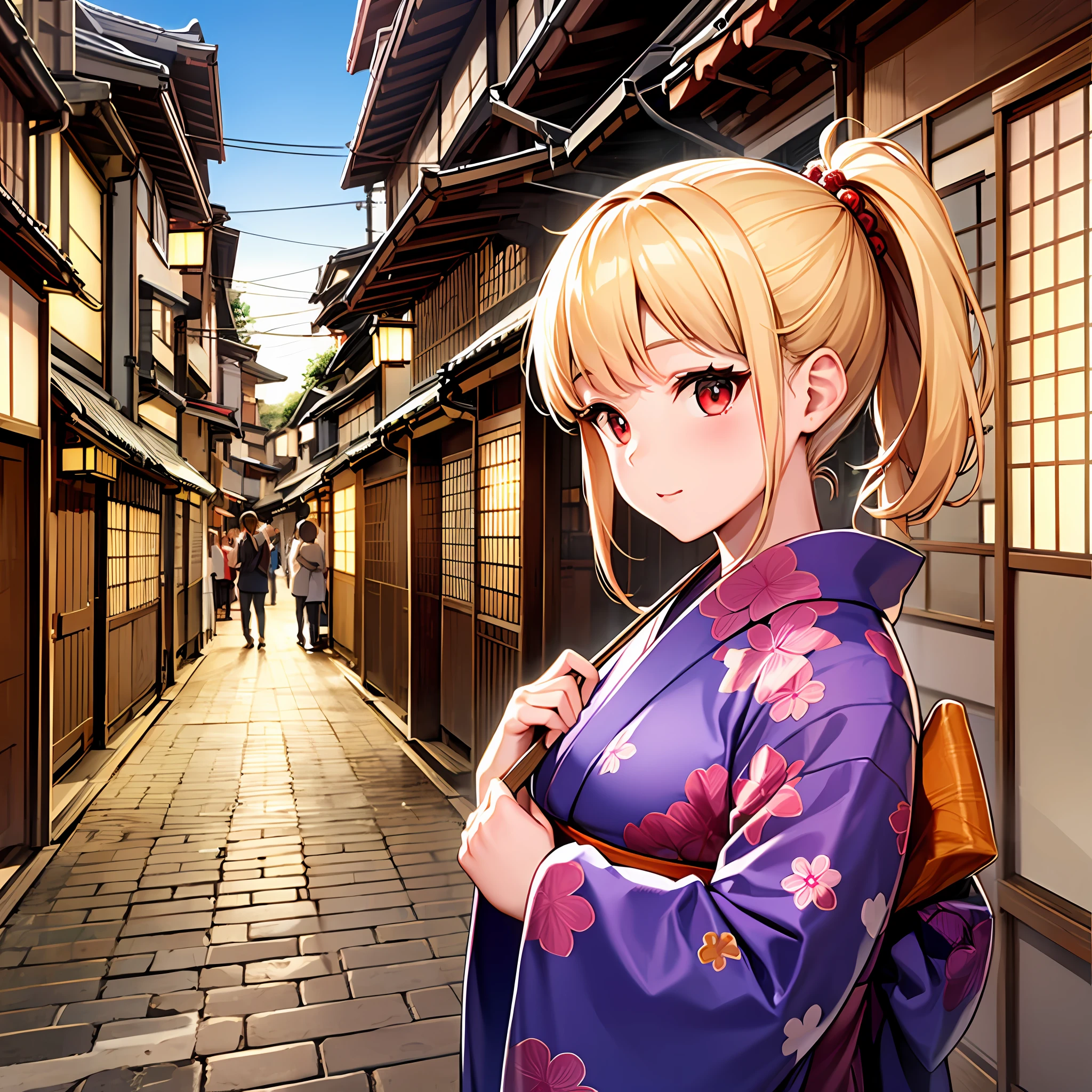 1 blonde girl, red eyes, solo, Japan festival, yukata