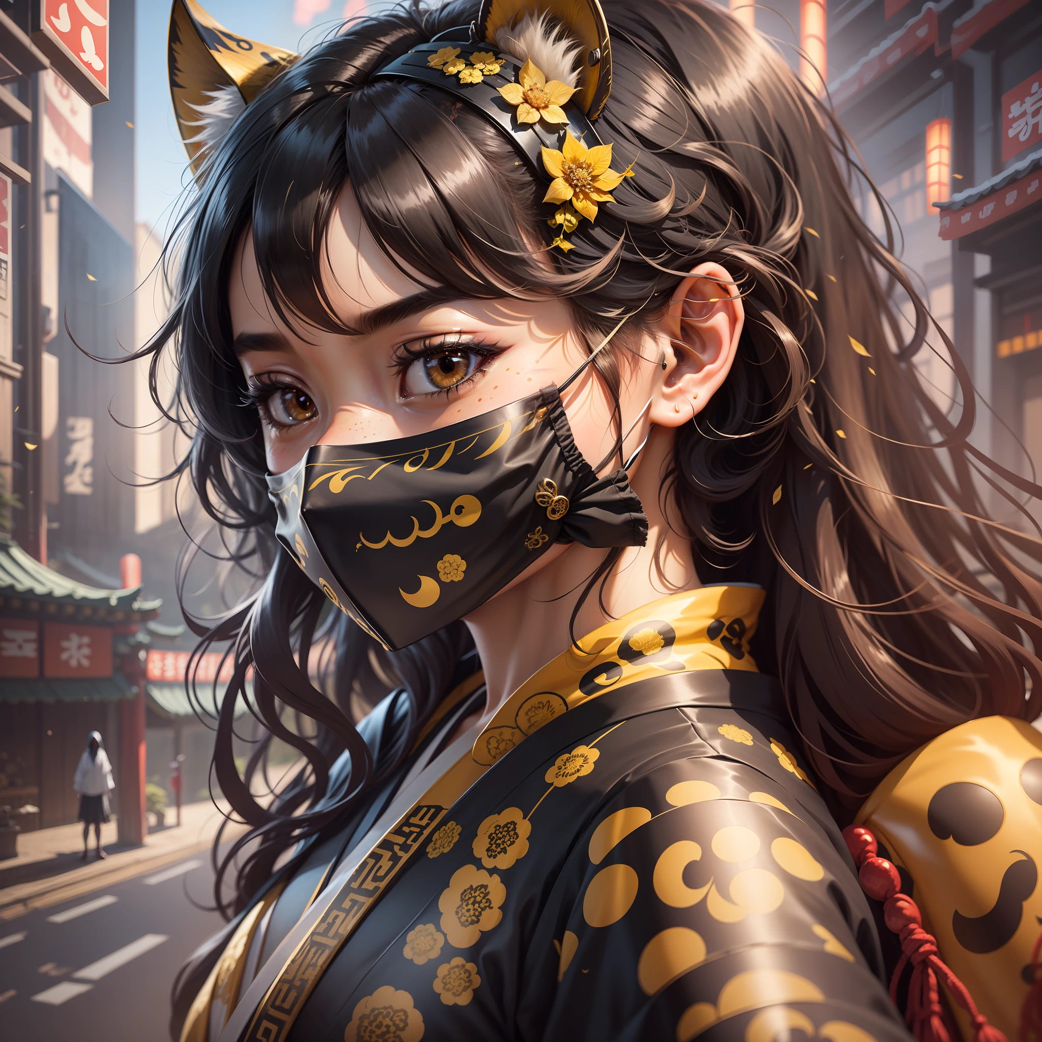 A Korean girl with wavy black hair with freckles and brown eyes, wearing a black mask of Japanese culture covering her face, in the mask has with golden fangs, the girl has black horns with golden details, she is wearing traditional black and yellow Japanese clothes like a ninja, she has leopard features