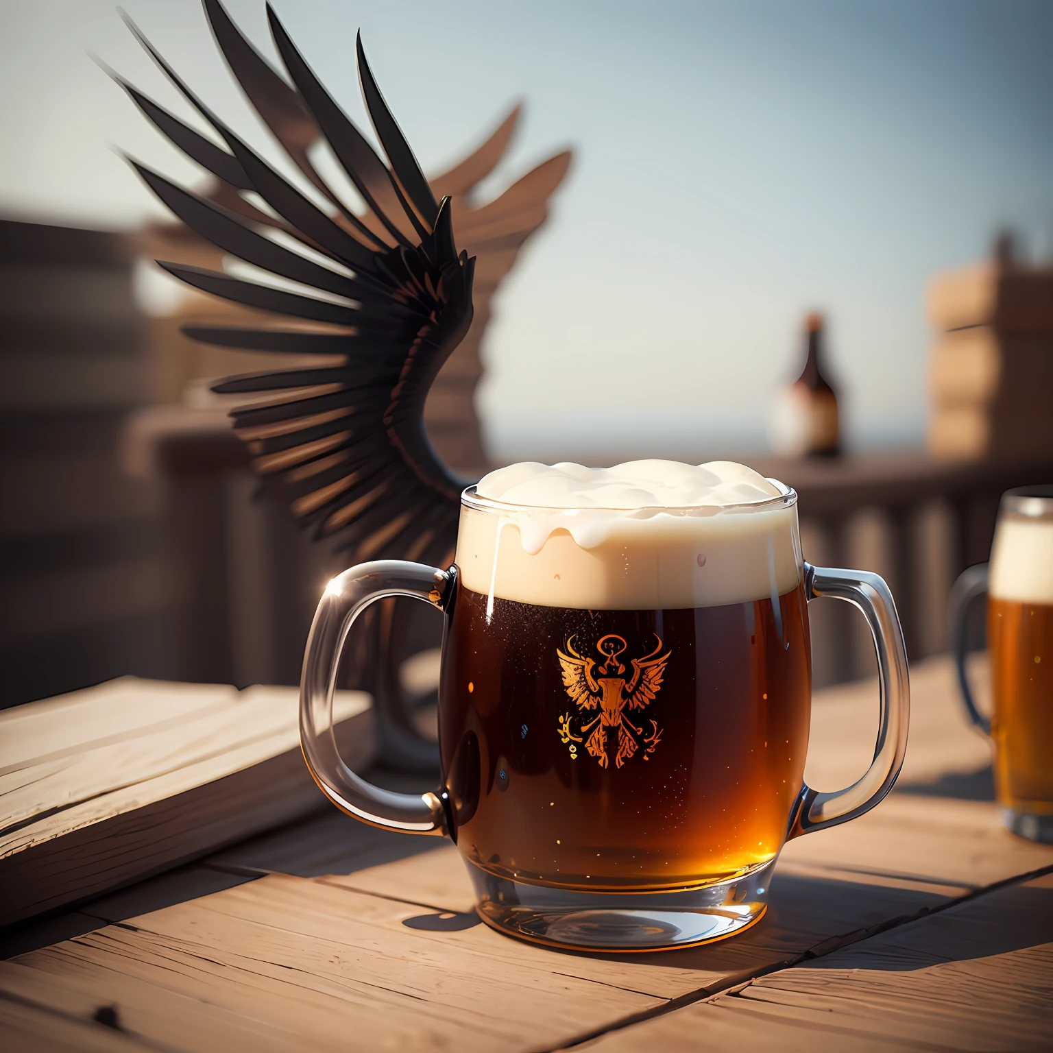 beer mug, realistic realism, open wings on each side of the mug, realistic realism --auto