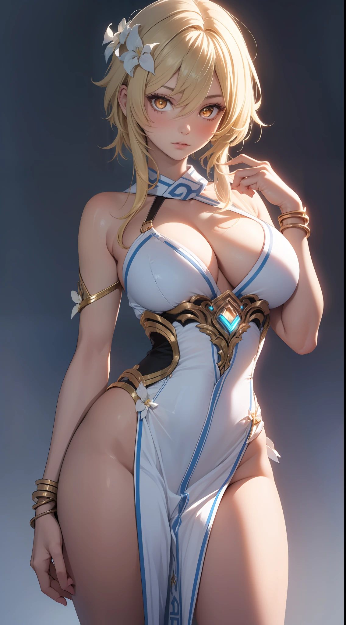 ((Best quality)), ((masterpiece)), (realistic), 1girl, solo, (muscular), ((sexy whte dress)), highly detailed glowing eyes, blonde short hair, smooth skin, cleavage, ((extremely slutty)).