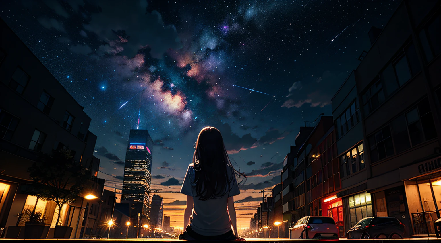 octans, sky, star (sky), scenery, starry sky, night, 1girl, night sky, solo, outdoors, signature, building, cloud, milky way, sitting, tree, long hair, city, silhouette, cityscape