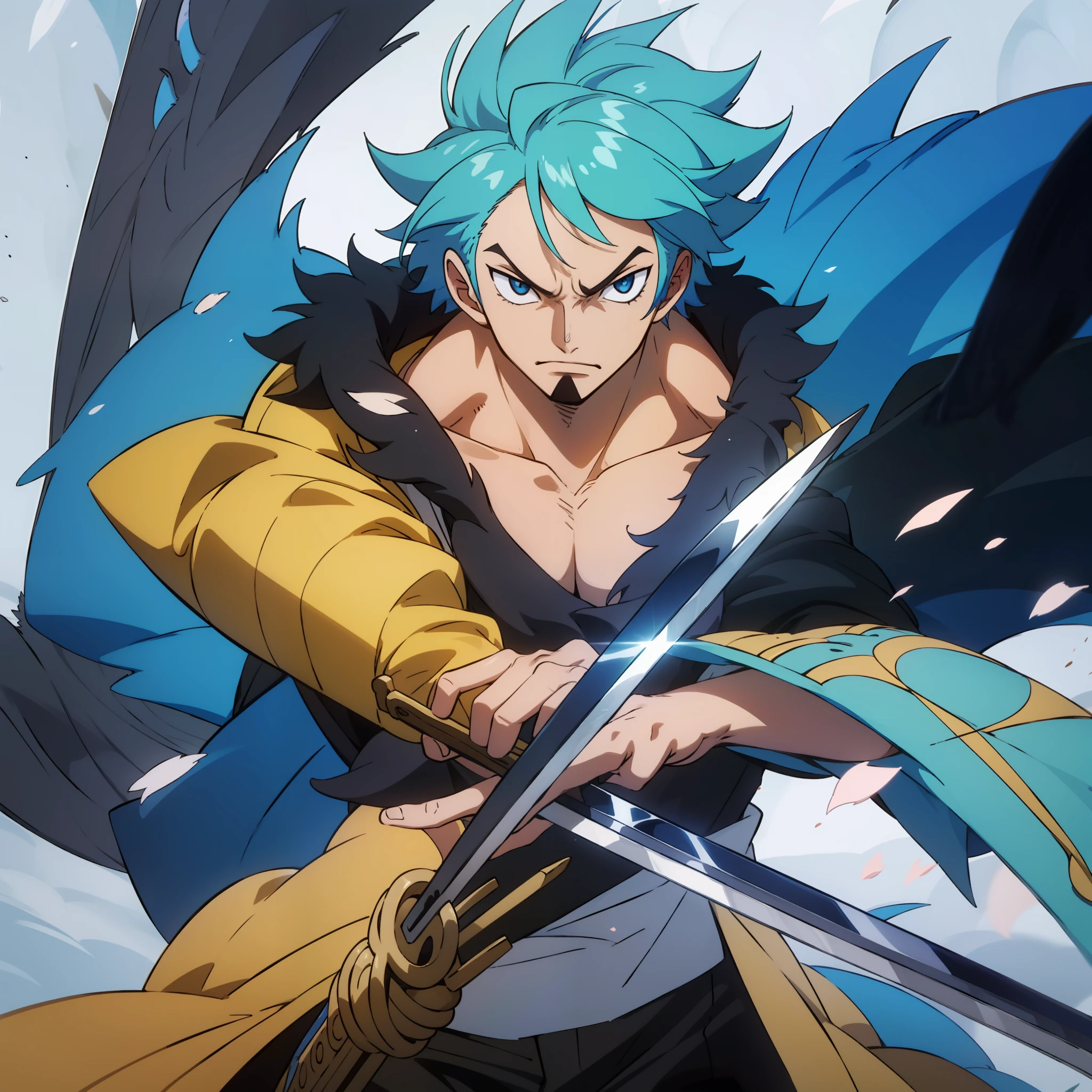 (male),Anime - Style image of a man with blue hair and a furry coat,with a sword in hand,swordsman,