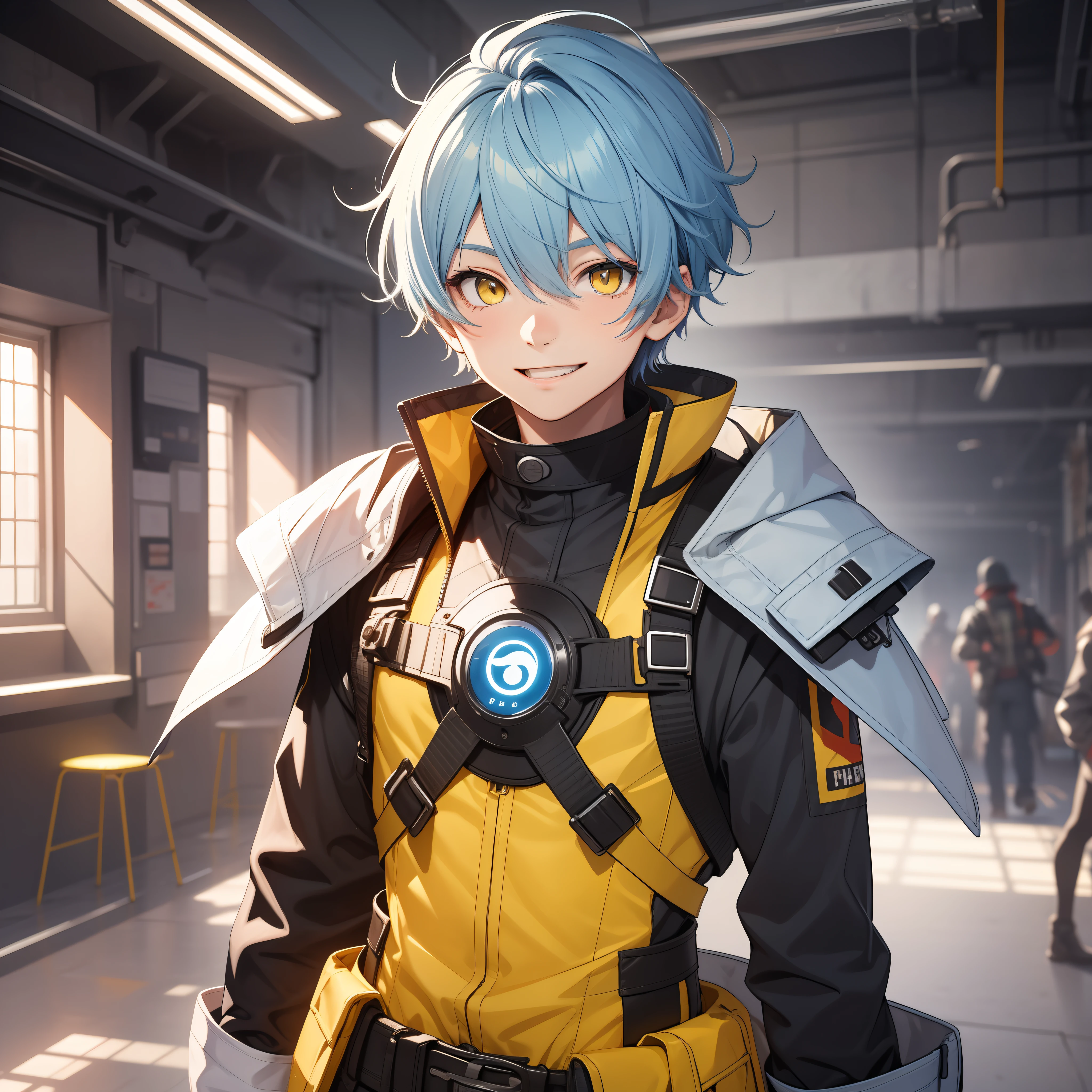 15-year-old boy, medium light blue hair, yellow eyes, yellow eyes, futuristic dress, cheerful smile