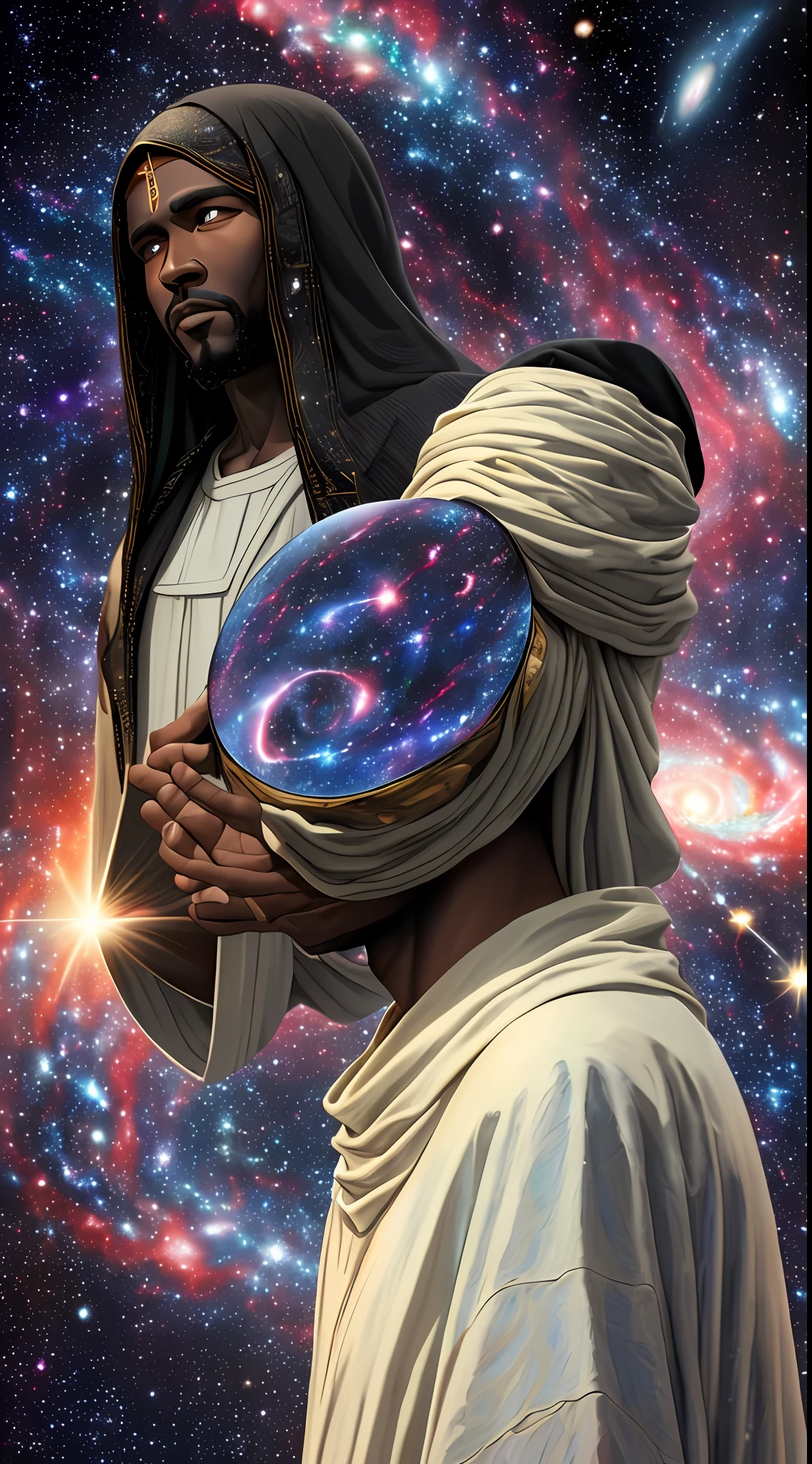 (Jesus Christ, with black skin, jesus christ in black skin, (creator of galaxies + galaxies in the background:1.2), (Planet Earth:0.8)) with the world in the palm of his hands.