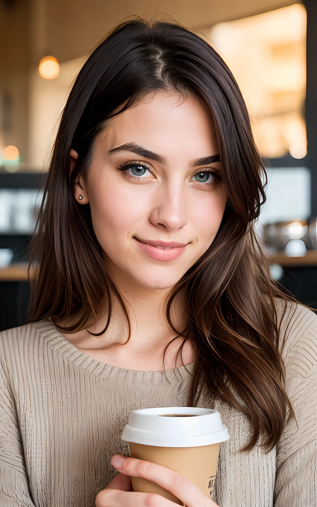 beautiful brunette wearing beige sweater (holding a cup of coffee inside a modern café at sunset), very detailed, 21 years old, innocent face, natural wavy hair, blue eyes, high resolution, masterpiece, best quality, intricate details, highly detailed, sharp focus, detailed skin, realistic skin texture, texture, detailed eyes, professional, 4k, charming smile, filmed in Canon,  85mm, shallow depth of field, kodak vision color, perfect fit body, extremely detailed, foto_\(ultra\), photorealistic, realistic, post-processing, maximum detail, roughness, real life, ultra realistic, photorealism, photography, 8k uhd, photography