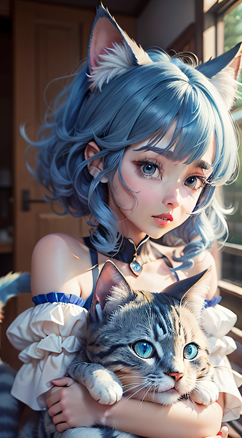 araffe with blue hair holding a blue cat in her arms, render of a cute 3d anime girl, realistic anime 3 d style, very beautiful cute catgirl, anime styled 3d, anime girl with cat ears, very beautiful anime cat girl, beautiful young catgirl, 3 d anime realistic, attractive cat girl, 3d anime girl, anime catgirl