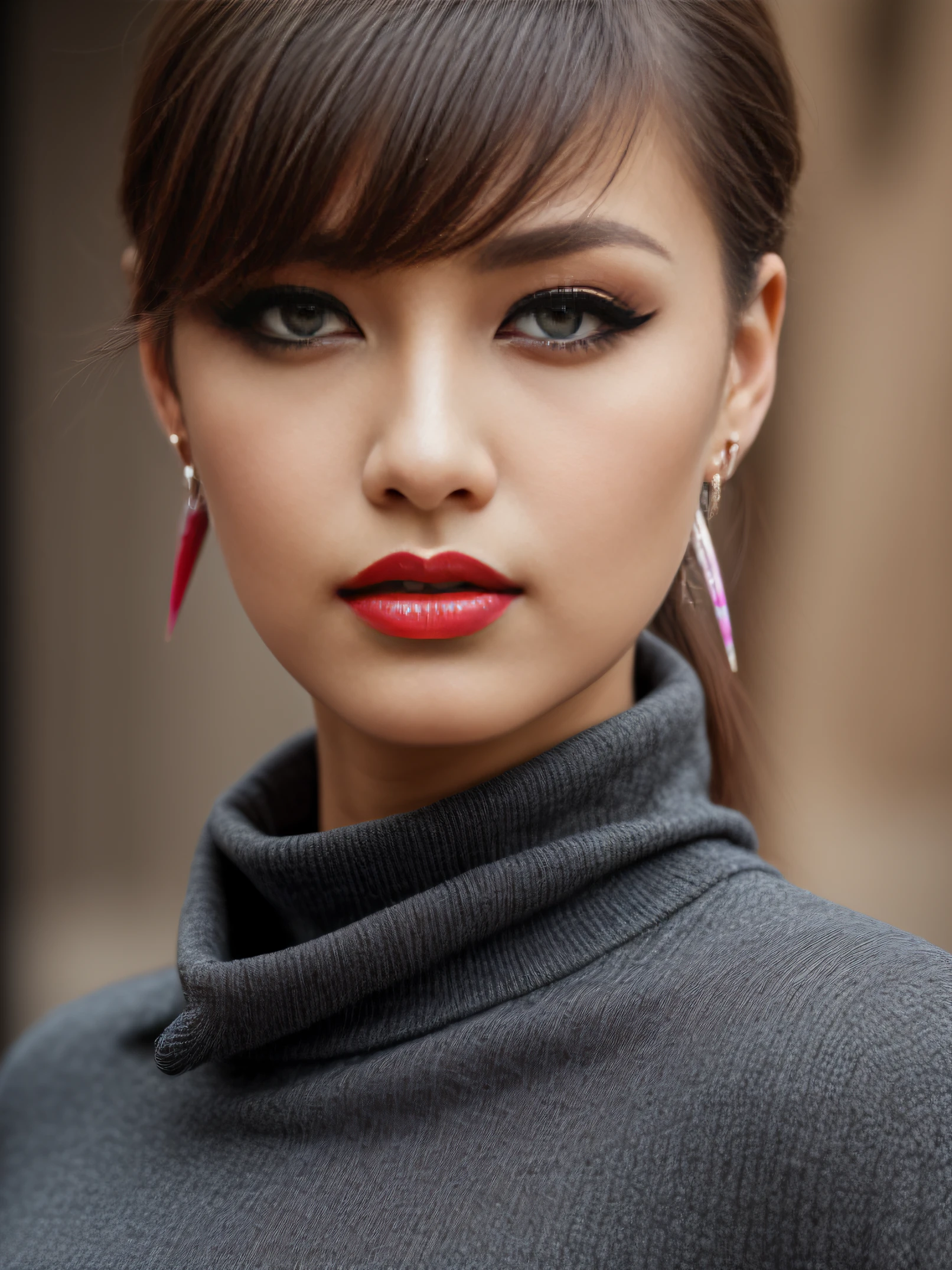 photo of extremely sexy (hgr1ce: 0.99), a woman as a sexy student, closeup upsweep updo portrait, (colorful long-sleeved long-sleeved collar top), in a canteen sitting bar (masterpiece: 1.5) (photorealistic: 1.1) (bokeh) (best quality) (detailed skin texture pores: 1.1) (intricate) (8k) (HDR) (wallpaper) (cinematic lighting) (sharp focus), (eyeliner), (painted lips: 1.2), (earrings), (closeup portrait: 1.1)