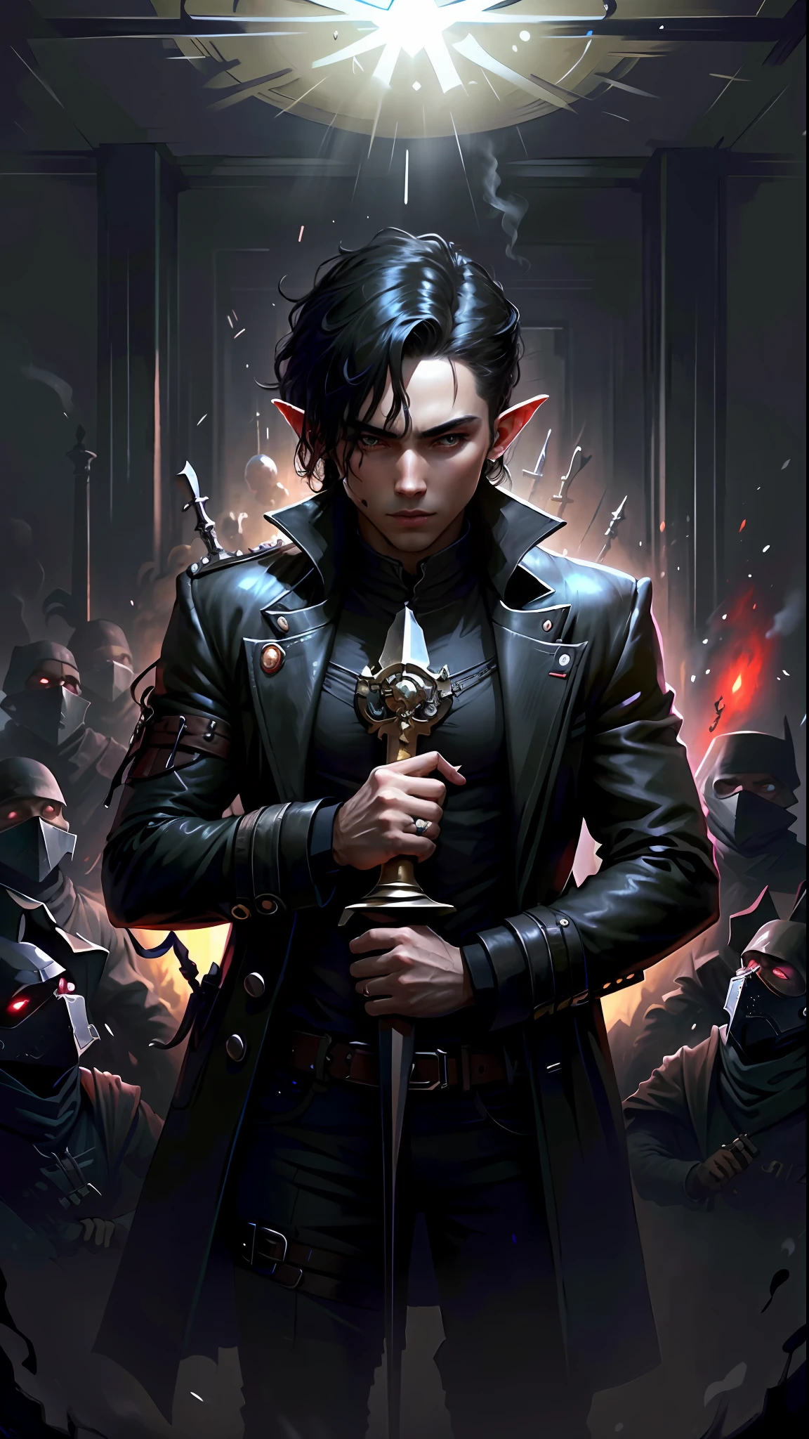 ultra detail, high resolution, ultra detailed, best quality, amazing, top quality, extremely detailed, dark boy, wizard, occultist, black hair, bangs, elf, holding a blood dagger, black overcoat, royalty