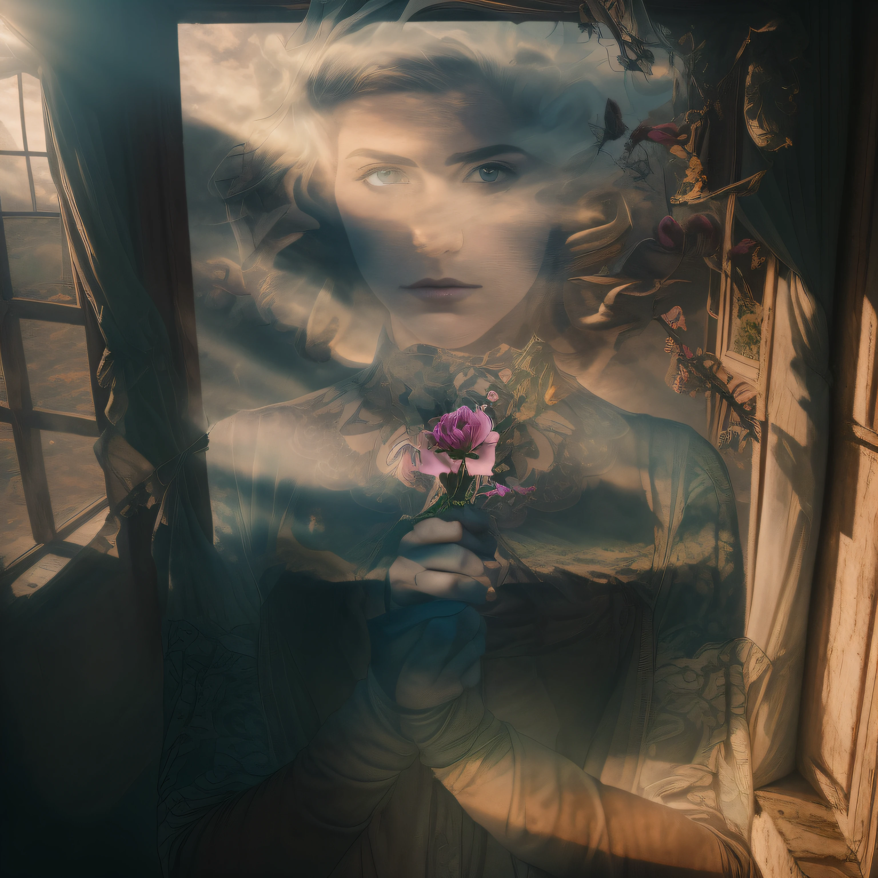 A woman holding a flower in a scenario of chaos.