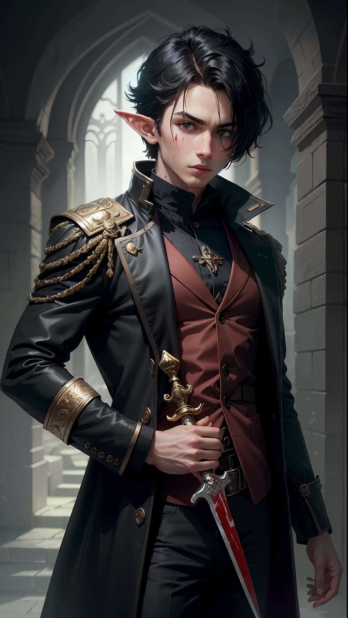 ultra detail, high resolution, ultra detailed, best quality, amazing, top quality, extremely detailed, dark boy, wizard, occultist, black hair, bangs, elf, holding a blood dagger, black overcoat