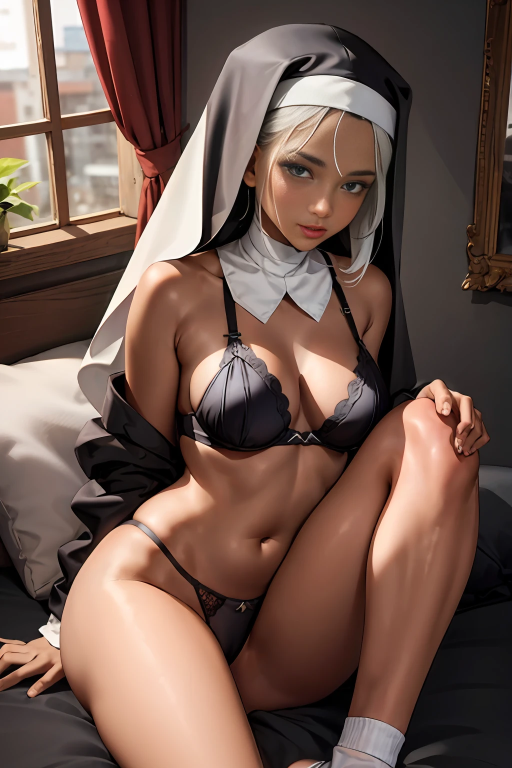 1 girl, milf, dark skin, white hair, white sock, lingerie, nun, Chel eldoradoem