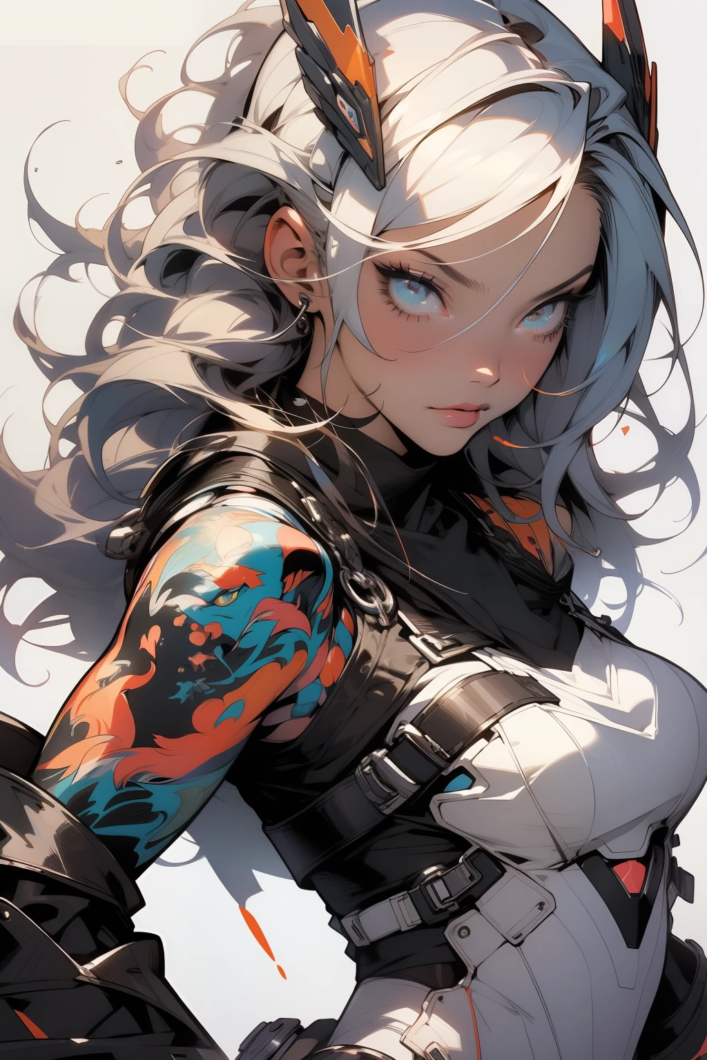 background, mixed-language_text, Japanese letters in graffit, girls, long colored, excellent lighting, high contrast sidelighting, perfect ultimate (flat color: 1.3), (magazine_cover: 1.4), (multicolored_background: 1.3), striped_background, card_background, :: comix style by joe madureira :: circular pieces of white metals glued to the arms ultra detailed coming out sparkling shine, perfect and detailed, ultra detailed shirt with abstract design and with letter print Japanese in graffit of the sides of clothing, image of girls with big breast, on top of a futuristic motorcycle, with immersive effects, hover effect, background graffiti style tribal tattoo with flowers and vibrant colors, "ultra HDR" detailed and with focus effect, (masterpiece: 1.2, best quality), (beautiful eyes with huge eyelashes finely detailed: 1.2), , ((Solo)), (Finely detailed eyes and detailed face: 1.3), in various full-body attack poses, (cute background: 1.2),futuristic costume, super detailed circular metals Clinging to the arms and pants, fantastic paintings