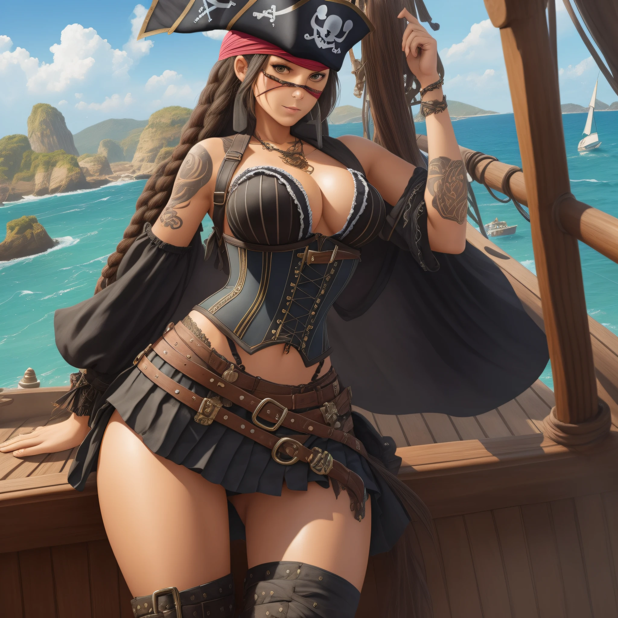 A girl, pirate, wearing a corset, black pirate hats, sheathed sword, tattoos of maritime beings, on the boat, with her legs open, wearing a small skirt and no panties, tanned skin, neckline showing breasts, eye patch and brave face.
