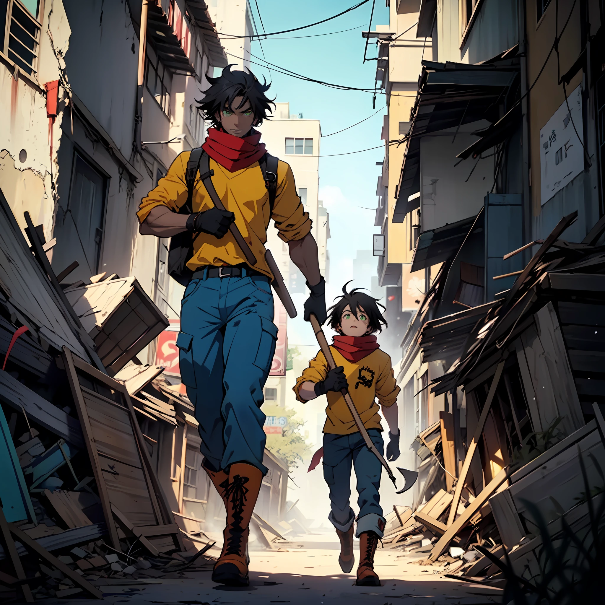 A boy, tall, black hair, abundant disheveled hair, brown skin, green eyes, a scar on his left eye, blue pants, high black boots, red scarf, yellow shirt, high black gloves, young, carrying an axe, apocalyptic background, Ruins, destroyed city, nightlife, anime, 2d, cartoon, comic --maturemalemix