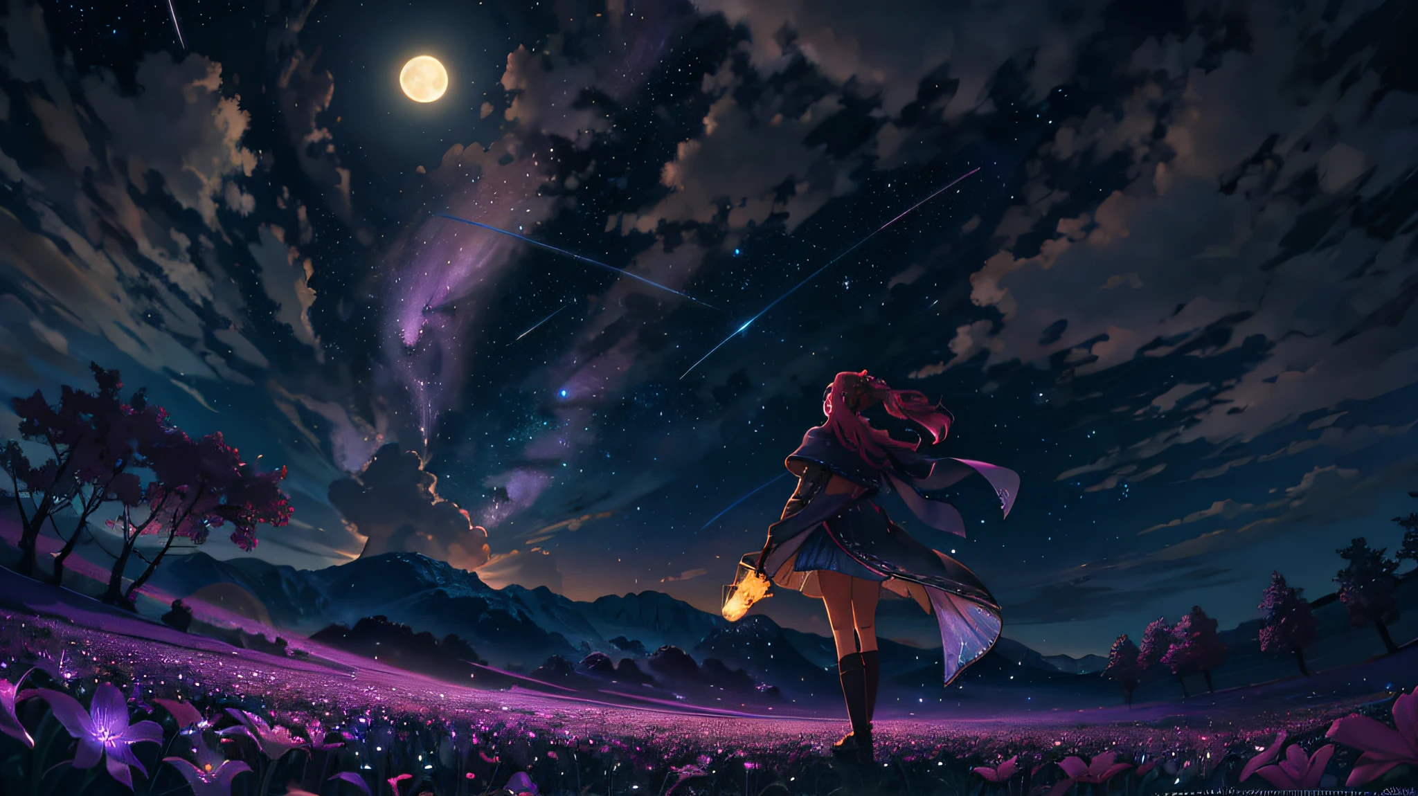 octans, sky, star (sky), scenery, starry sky, night, 1girl, night sky, solo, outdoors, signature, building, cloud, milky way, sitting, tree, long hair, city, silhouette, cityscape
