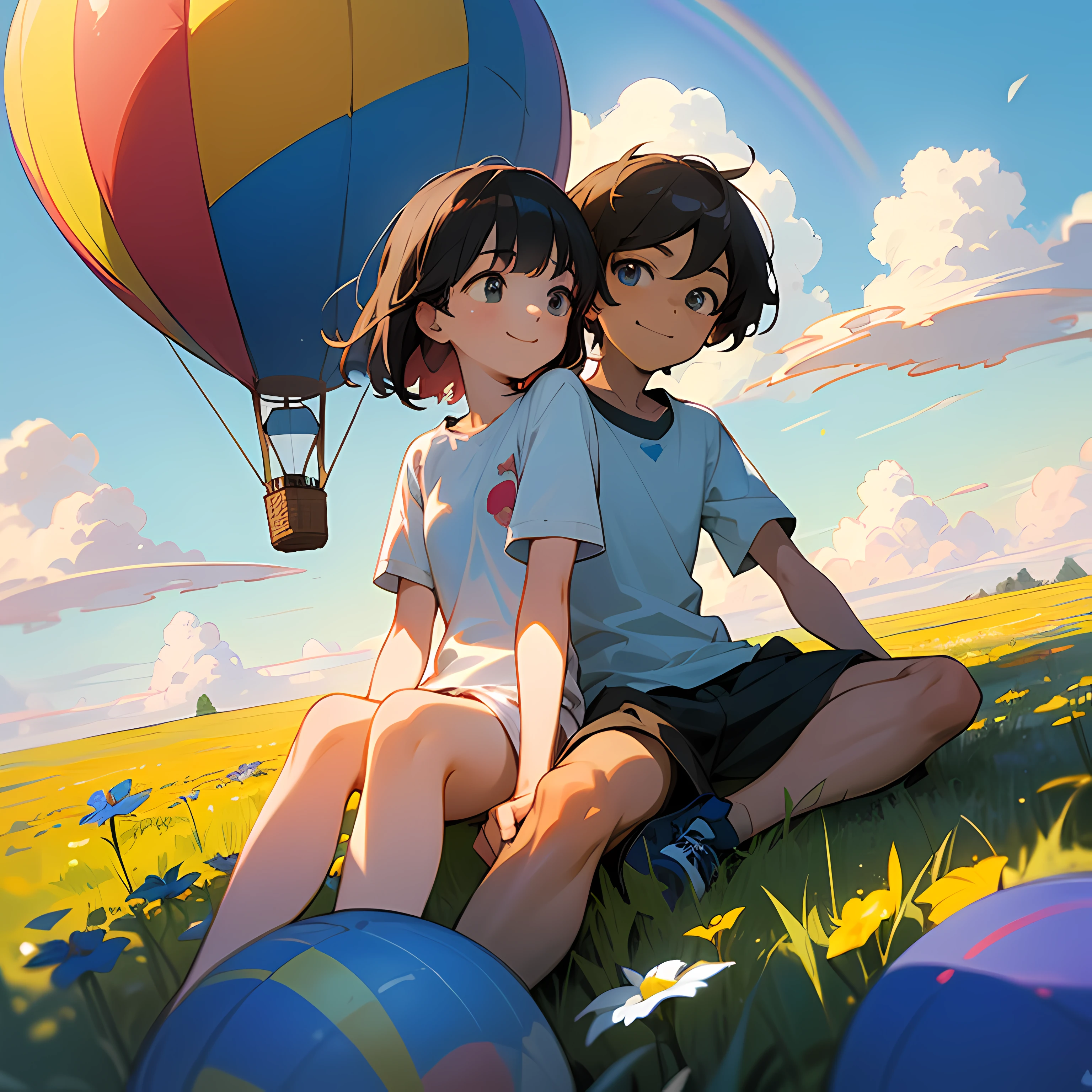 (Masterpiece, best ultra HD quality) Two  sitting in a hot air balloon flying in the sky, smiling, fine facial features, sun, clear blue sky and white clouds, rainbow, meadow, summer - ultra HD quality --auto