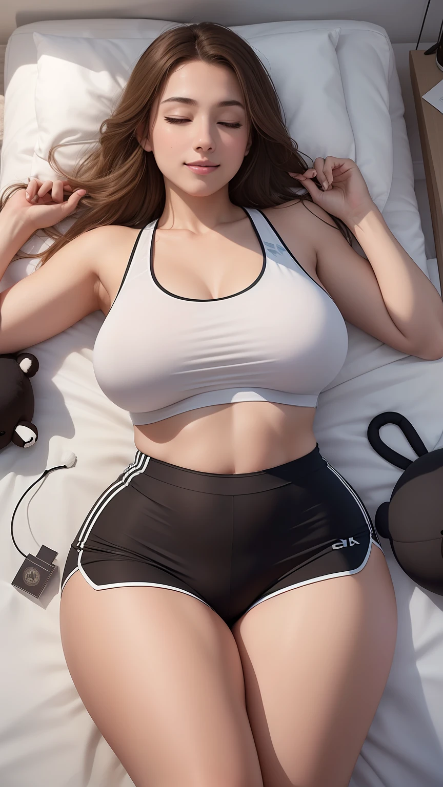 (8K), (Best Quality: 1.2), (Photorealistic: 1.35), (Dignified Look))), Ultra High Definition, 1 Girl, Cute, Smile, Mouth Closed, Beautiful Details, Beautiful Nose in Detail, Huge Breasts, Fluorescent Sports Bra, Shorts, Glossy Thighs, High Fleshy, Stuffed Animals in Your Room, Lying in Bed, Eyes Closed, Sleeping, From above, the whole body