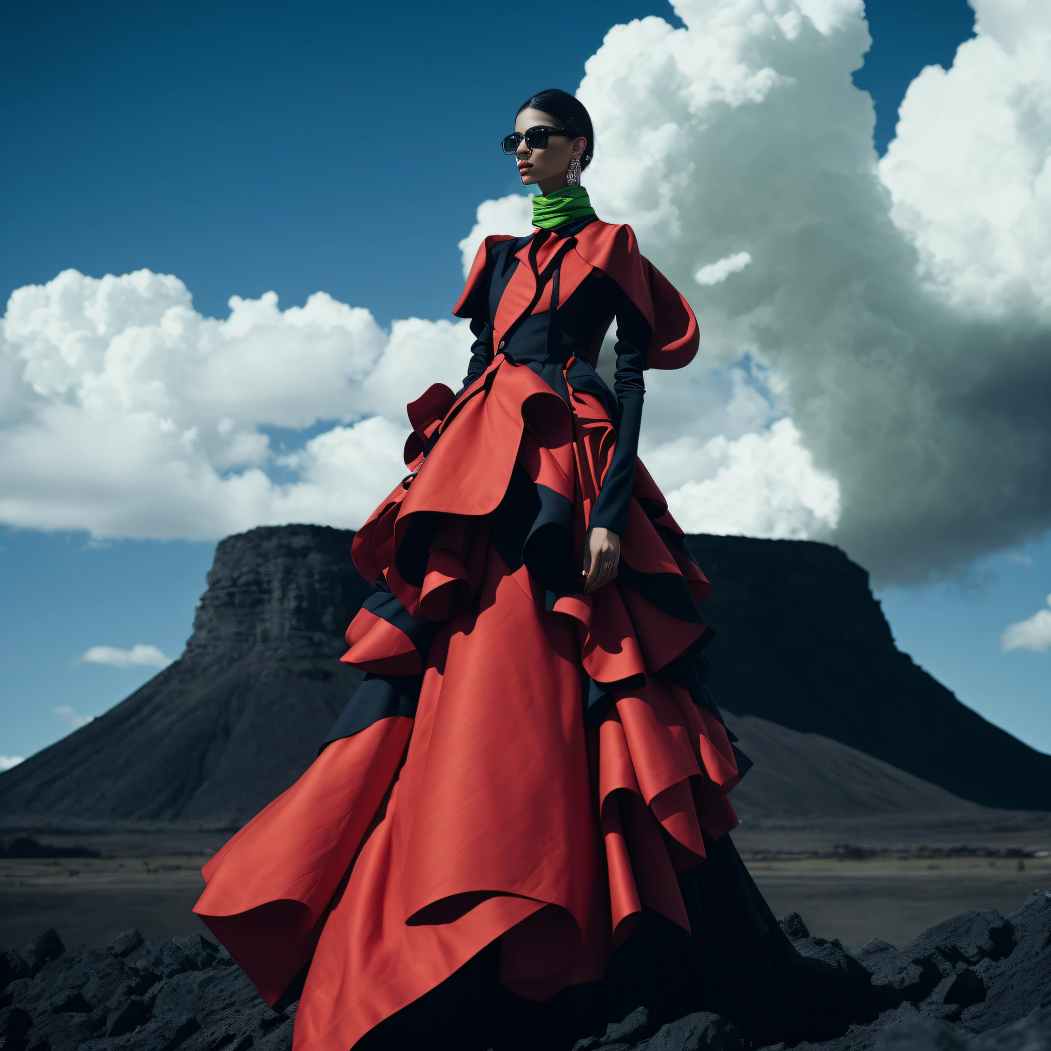 araffe wearing a red dress and a green scarf standing in front of a mountain, editorial of dior magazine, photography from vogue magazine, official dior editorial, high fashion photography, official valentino editorial, award winning fashion photo, vogue magazine editorial, official vogue editorial, photo from vogue magazine, fashion photography, vogue editorial, patrick demarchelier, official vuitton editorial