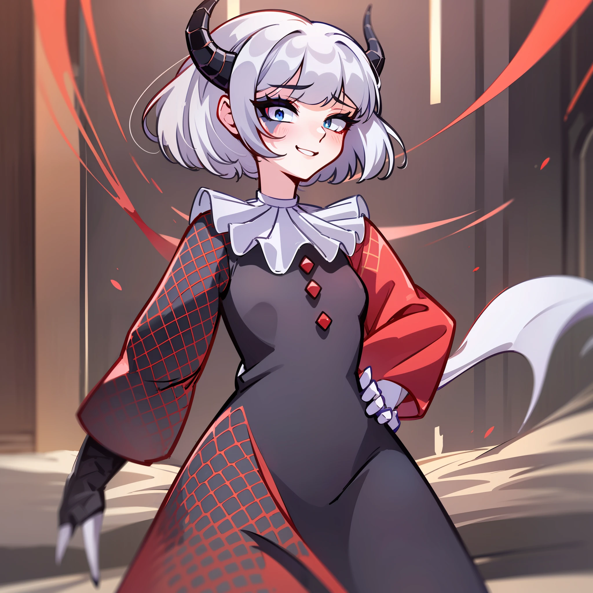 (Best quality: 1.0), (super high res: 1.0), extremely detailed character, detailed Hands, half-dragon girl, horns, scales on the neck, scales on the shoulders, scales on the forearm, scales on the cheek, girl with dragon tail, dragon tail, extremely detailed hair, short hair, ((white hair)), ((black locks)), extremely detailed eyes, eye with different colors, heterochromia, white right eye and black left eye, dragon eyes, 2d, anime art, (()), ((full body)), standing, medieval, rpg, small, cute, flushed, embarrassed, cheerful, smiling, smiling