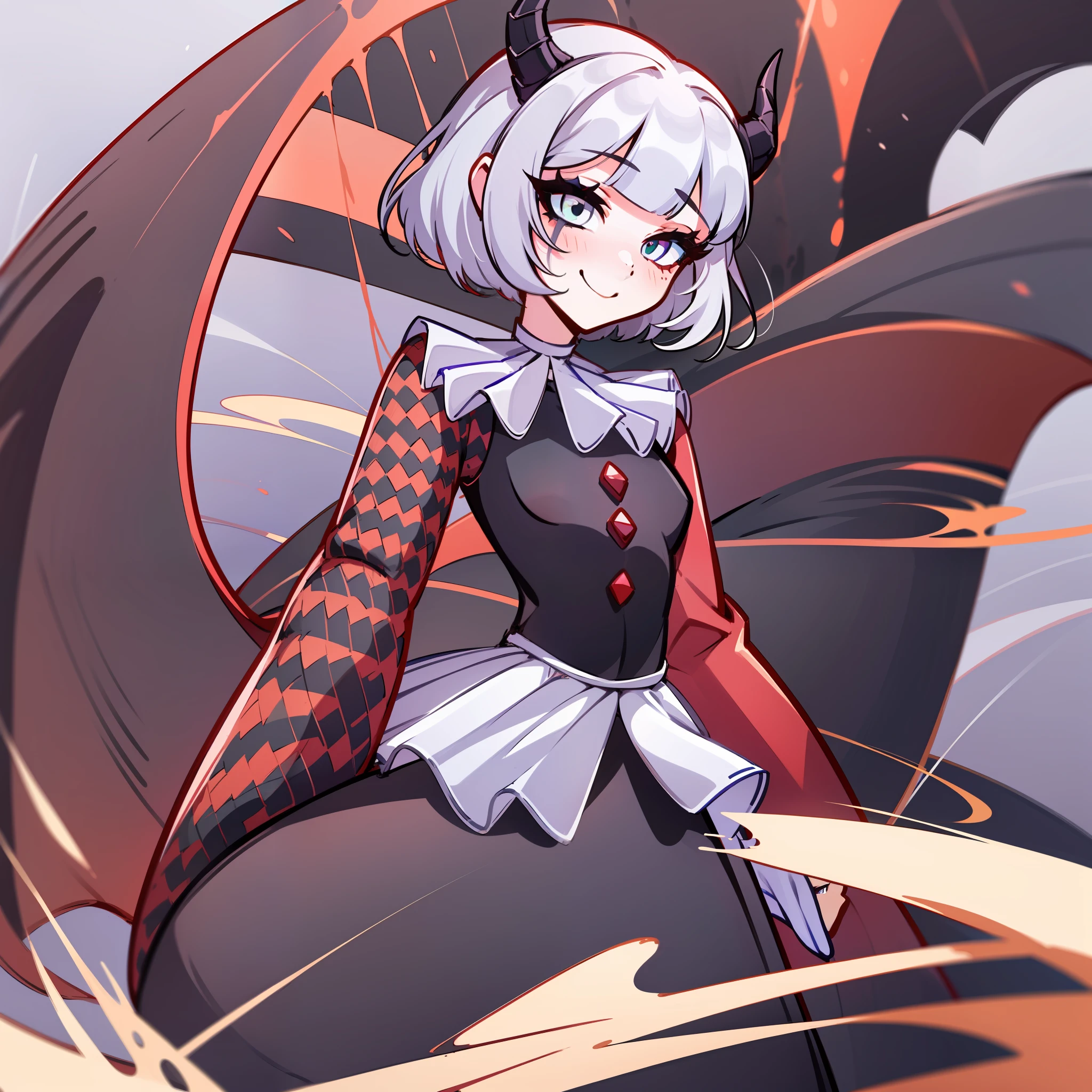 (Best quality: 1.0), (super high res: 1.0), extremely detailed character, detailed Hands, half-dragon girl, horns, scales on the neck, scales on the shoulders, scales on the forearm, scales on the cheek, girl with dragon tail, dragon tail, extremely detailed hair, short hair, ((white hair)), ((black locks)), extremely detailed eyes, eye with different colors, heterochromia, white right eye and black left eye,  dragon eyes, 2d, anime art, ((child)), ((full body)), standing, medieval, rpg, small, cute, flushed, embarrassed, cheerful, smiling, smiling