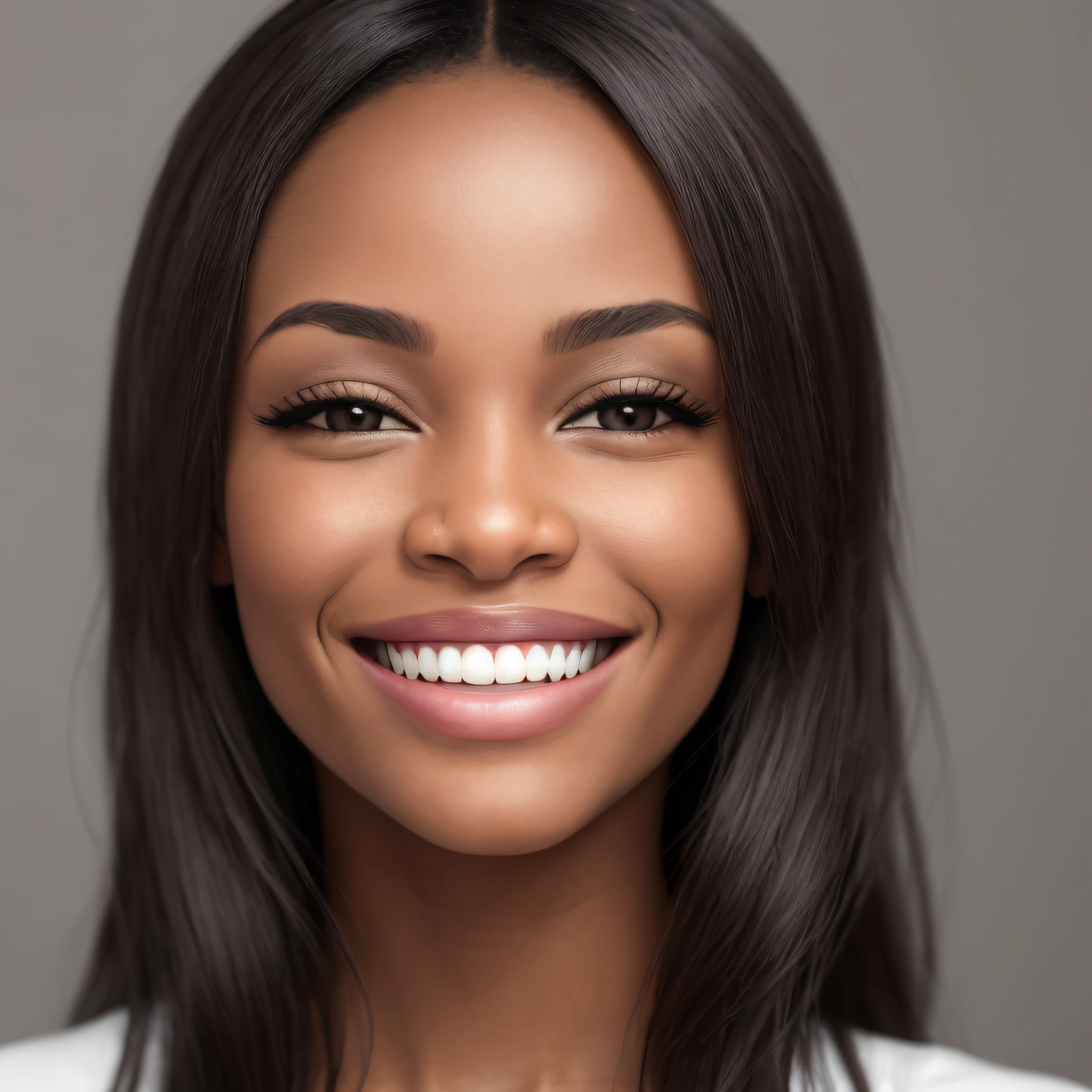 35 year old African female, portrait of a woman smiling, adult female photograph, smiling, showing teths, simetric sides, well-aligned face in the camera frame, studio photography, model woman, close-up portrait, photography, female model, 35 yo, (skin texture), skin pores, shallow depth of field, focus sharp eyed, big smile white teeth, smooth facial features, detailed smile, perfect smile, close-up perfect face --auto