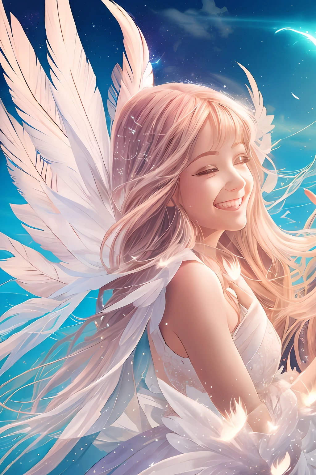 wizard, fairy, powerful, gentle angel, flash, light, big feather, fun, playful, beauty, bright background, high image quality, parent and , bright smile, strong light, enjoy, lassen, sea background