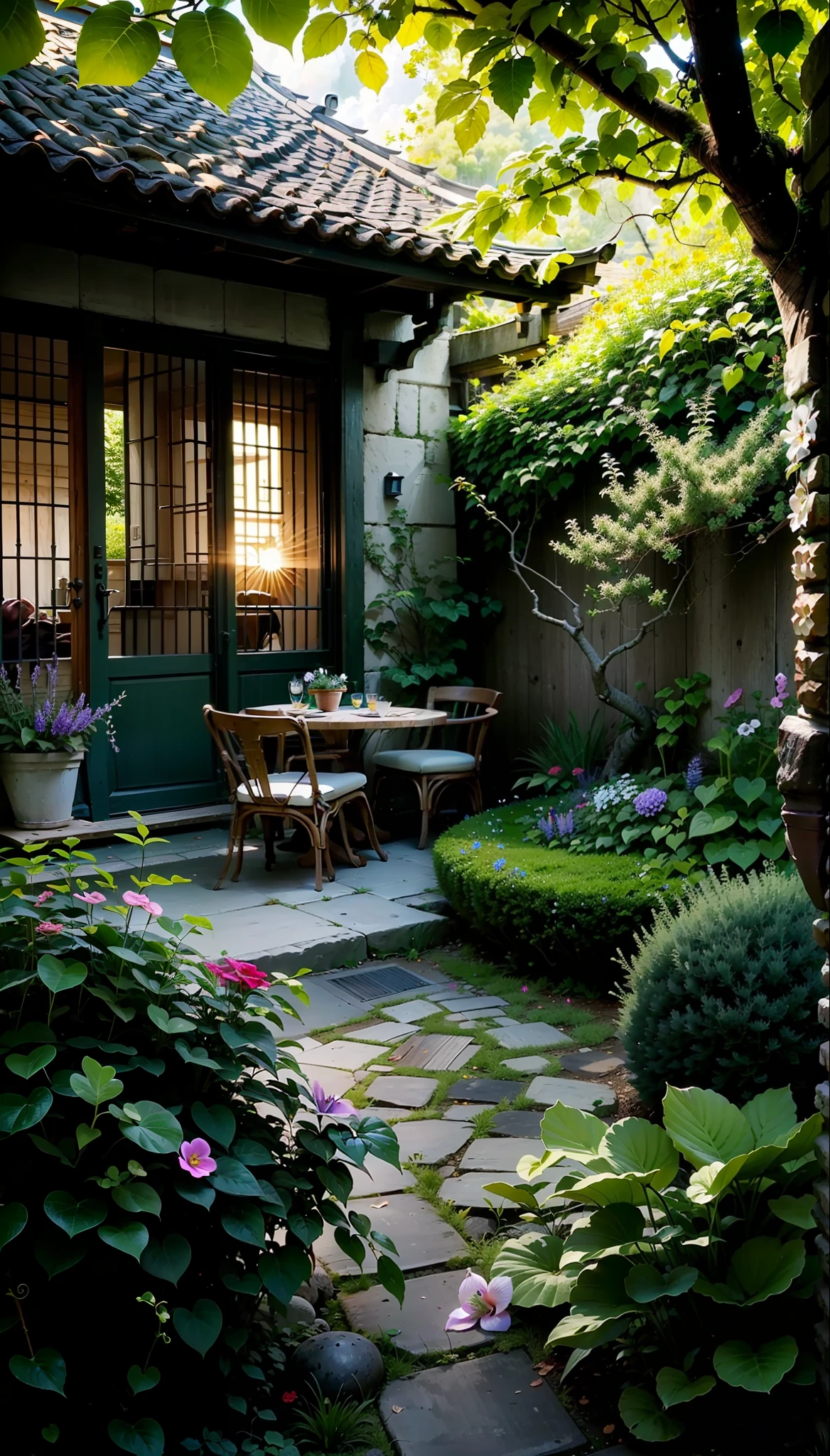 Seaside, small courtyard, railing, round table, stool, pillow, coffee, bouquet of flowers, green plants, trees, sea, ancient buildings, sofa, sun, clouds, sunset, sunset, wide angle lens, mountains, paradise, round flowers, round flowers, boxwood balls, creeper, , fragrant vine, wisteria, cannon flowers, , lingxiao, gourd, mountain turtle, ivy, rose, vine season clematis windmill jasmine triangle plum ball orchid