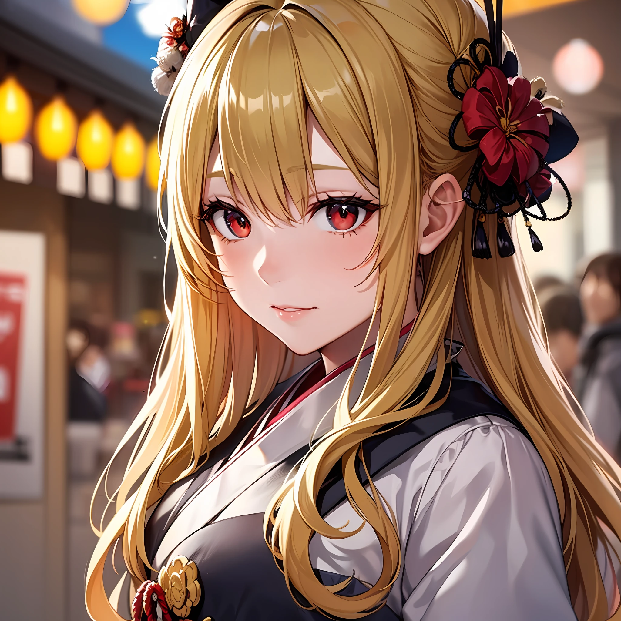 1 blonde girl, red eyes, solo, kyoto, festival,