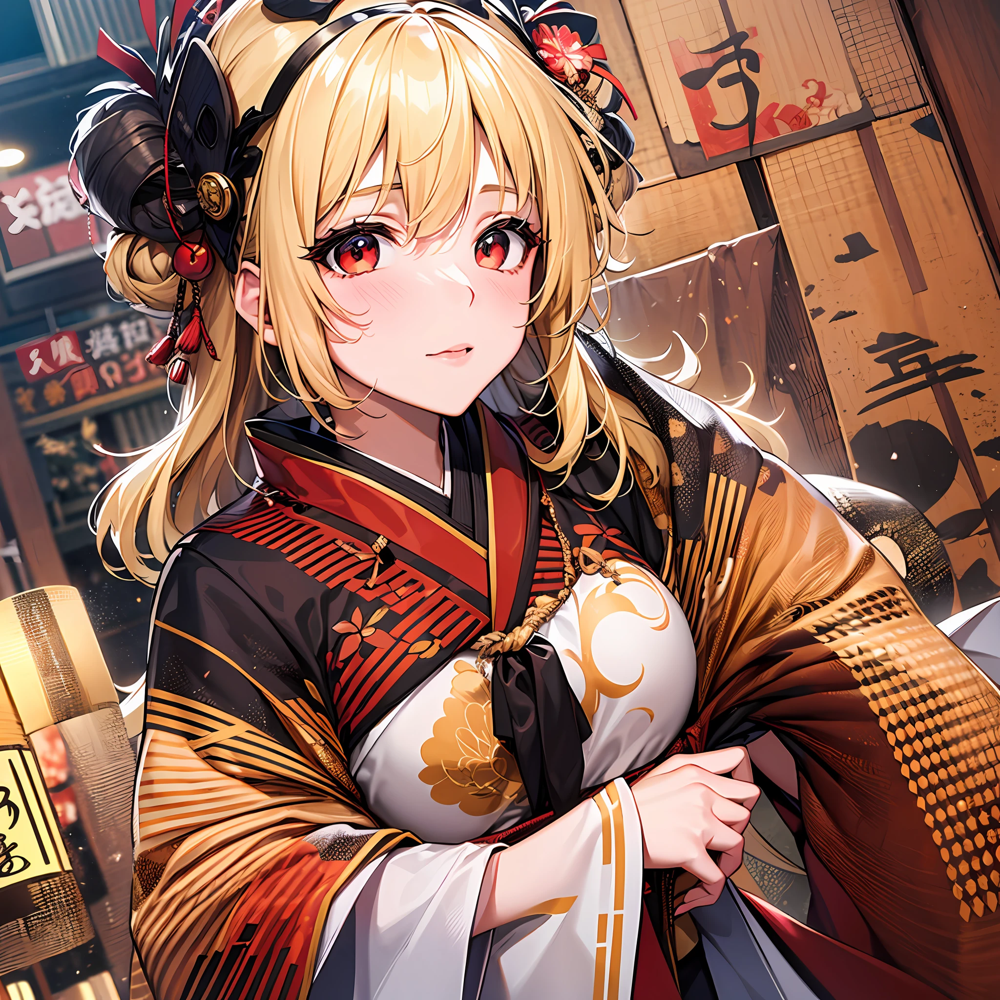 1 blonde girl, red eyes, solo, kyoto, festival,