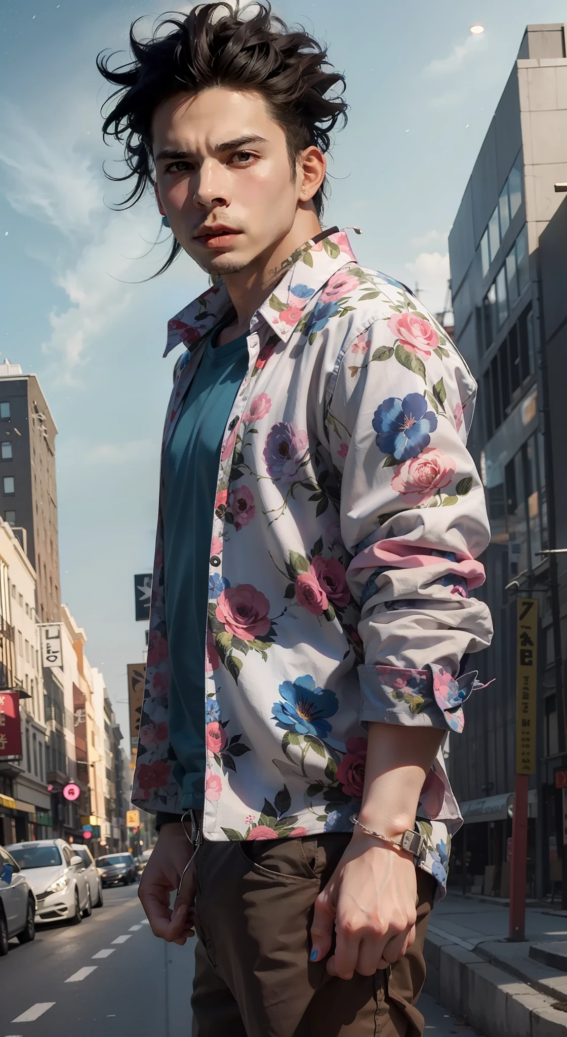 Man in white shirt with blue and pink floral stampla.