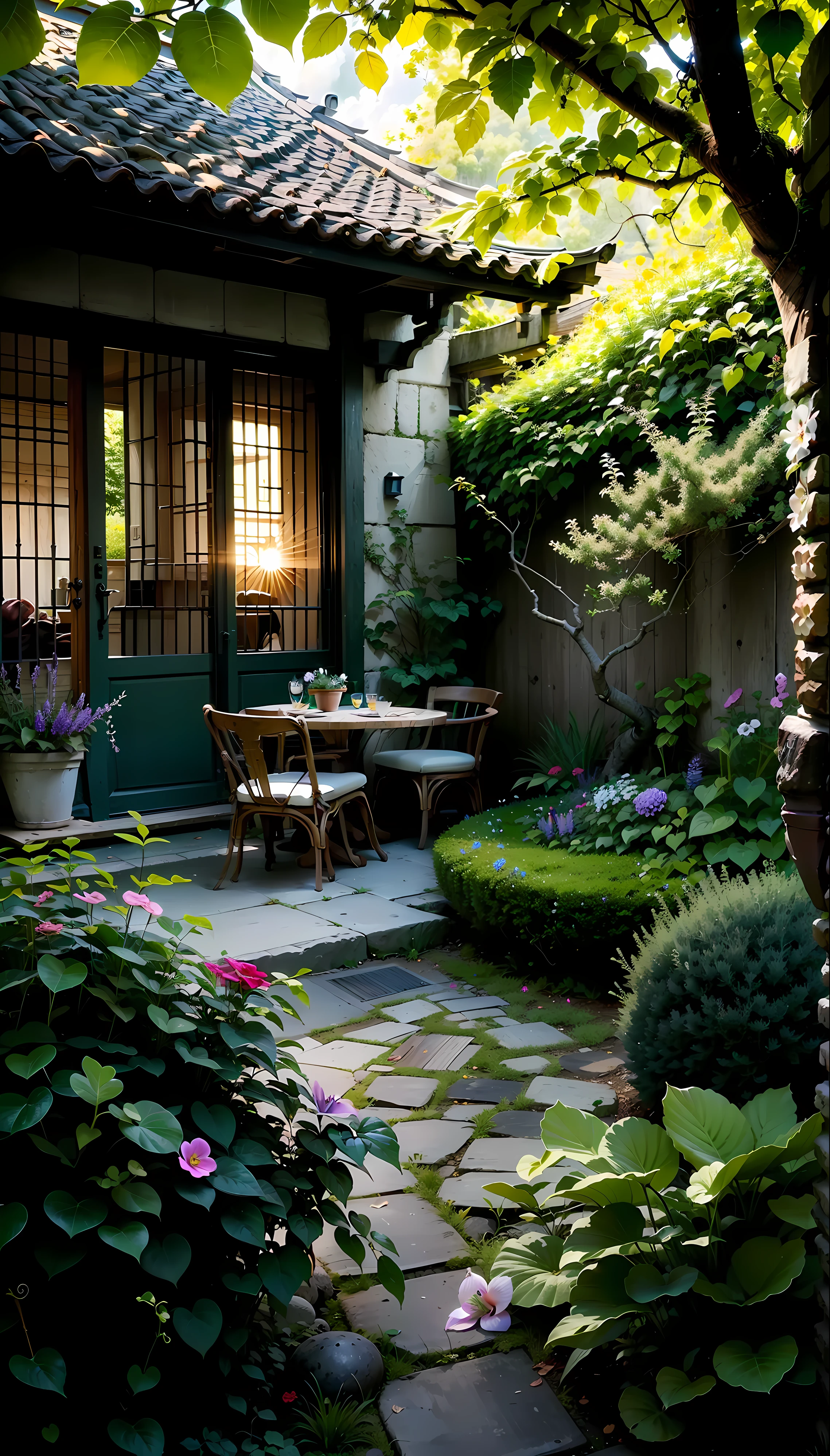 Seaside, small courtyard, railing, round table, stool, pillow, coffee, bouquet of flowers, green plants, trees, sea, ancient buildings, sofa, sun, clouds, sunset, sunset, wide angle lens, mountains, paradise, round flowers, round flowers, boxwood balls, creeper, , fragrant vine, wisteria, cannon flowers, , lingxiao, gourd, mountain turtle, ivy, rose, vine season clematis windmill jasmine triangle plum ball orchid