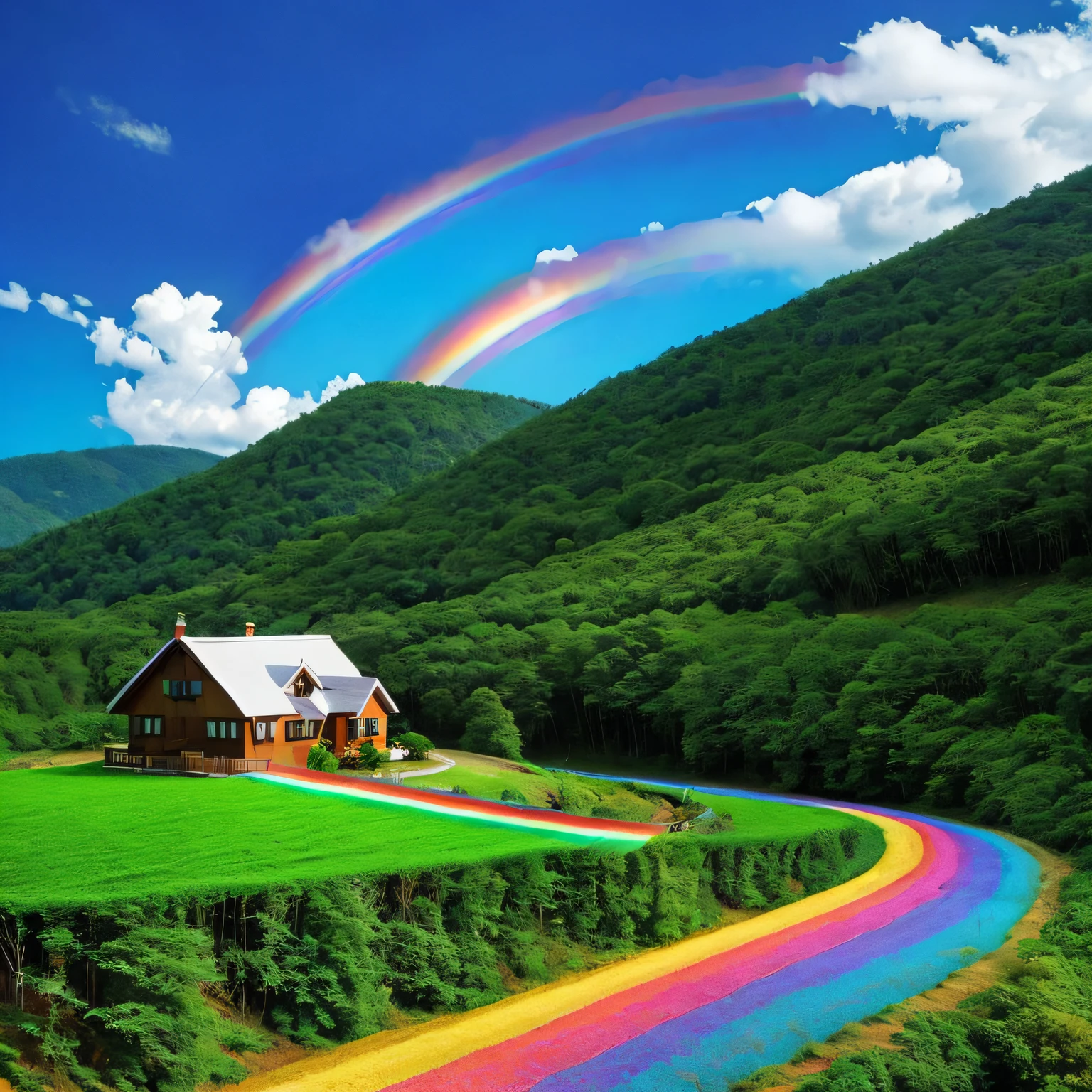 cottoncandy land, rainbow colors, cottage, breathtaking forest, hills, surreal