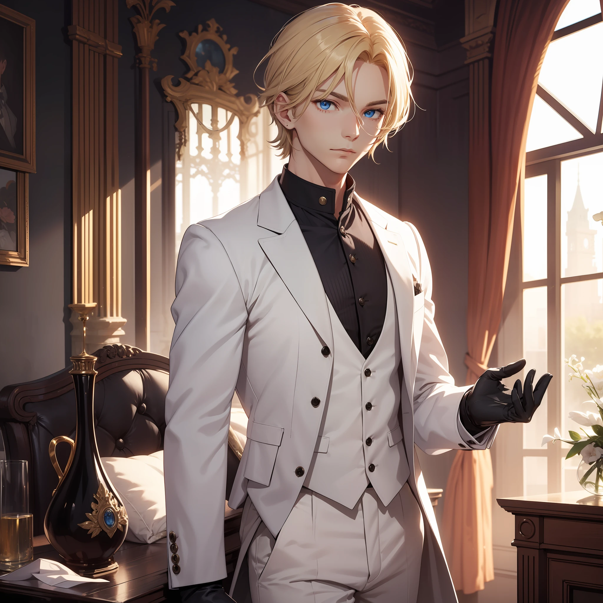 solo male, blonde hair, blue eyes, white pants, white vest, black shirt, white gloves, Victorian setting