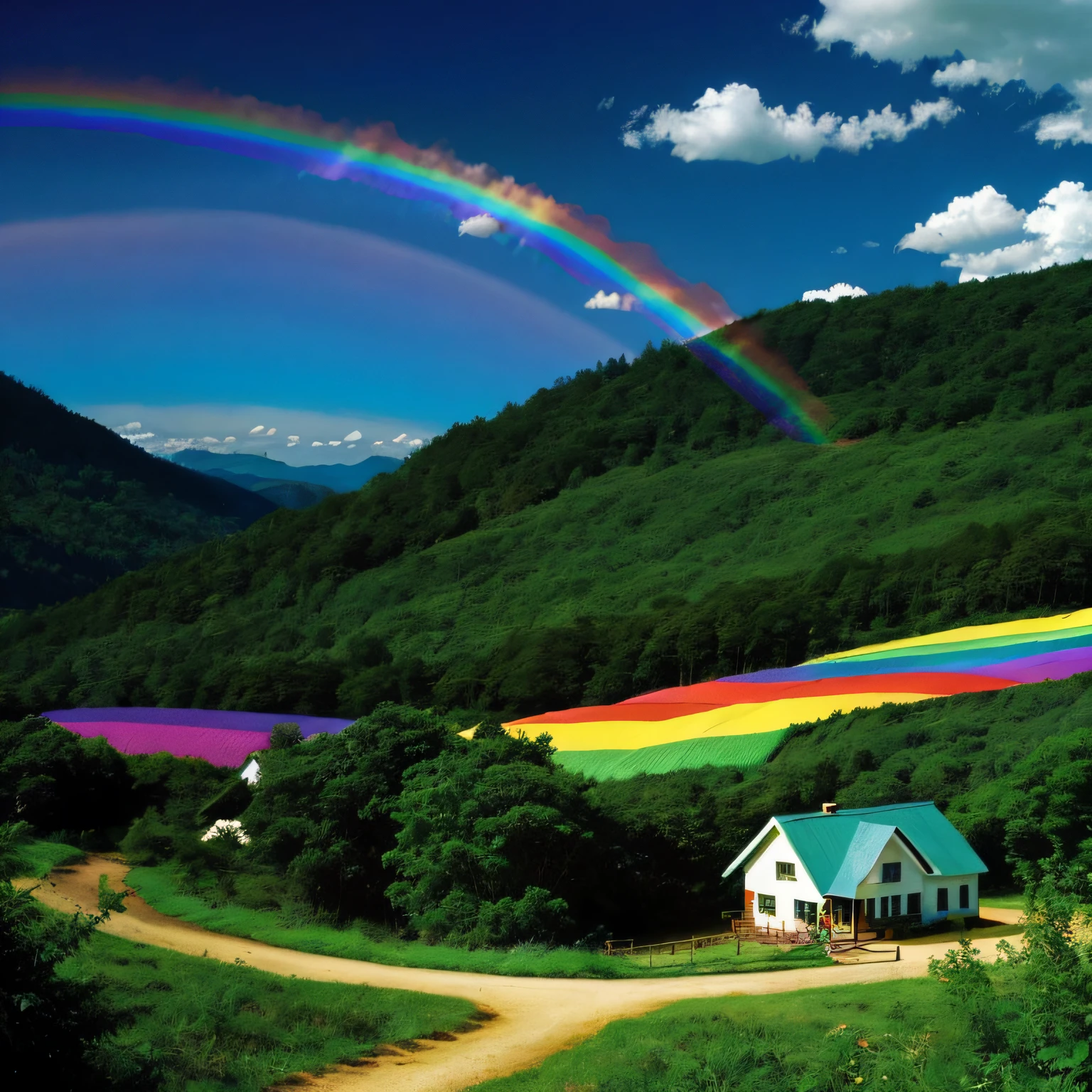 cottoncandy land, rainbow colors, cottage, breathtaking forest, hills, surreal