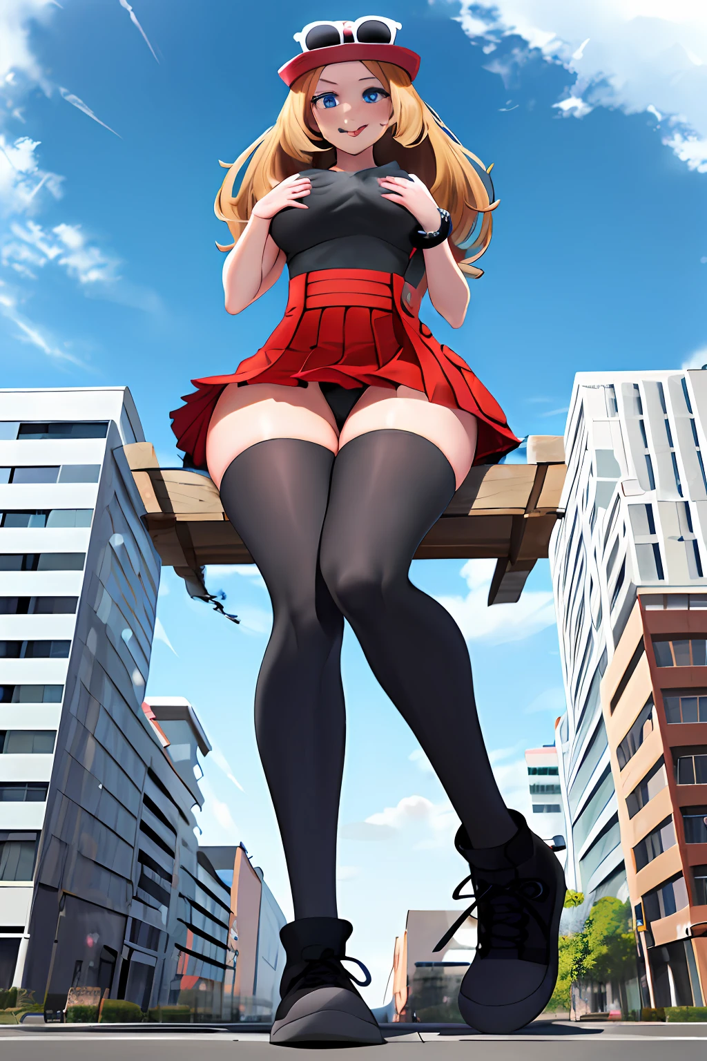 masterpiece, best quality, highres, blue eyes, serena \(pokemon\), 1girl, solo, thighhighs, long hair, hat, jewelry, bracelet, (black thighhighs:1.2), collared shirt, pleated skirt, red skirt, sleeveless, high-waist skirt, sleeveless shirt, eyelashes, pink headwear, black shirt, eyewear on headwear, (full body:1.5), giantess, smile, (from below:2), (thick thighs:1.4), looking down at viewer, upskirt, character_pokemon_serena, gts, (large breasts:1.6), field, (looming:1.3), mature female, high quality, hd quality, masterpiece, photorealistic, stepping, shoe soles, close-up foot, intense angle, :), (Sitting on Building:1.6), very low angle, female pervert, toragao, (licking lips:1.5), (licking own lips:1.5), smile, (sitting:2), knee up, GTScity, giantess, city, buildings, perfect hand, black panties, tongue out, :p, closed mouth, (grabbing own chest:1.2), (groping self:1.3), (groping:1.3), (destruction:1.4), rampage, (grabbing own breasts:1.5), breast squeeze,