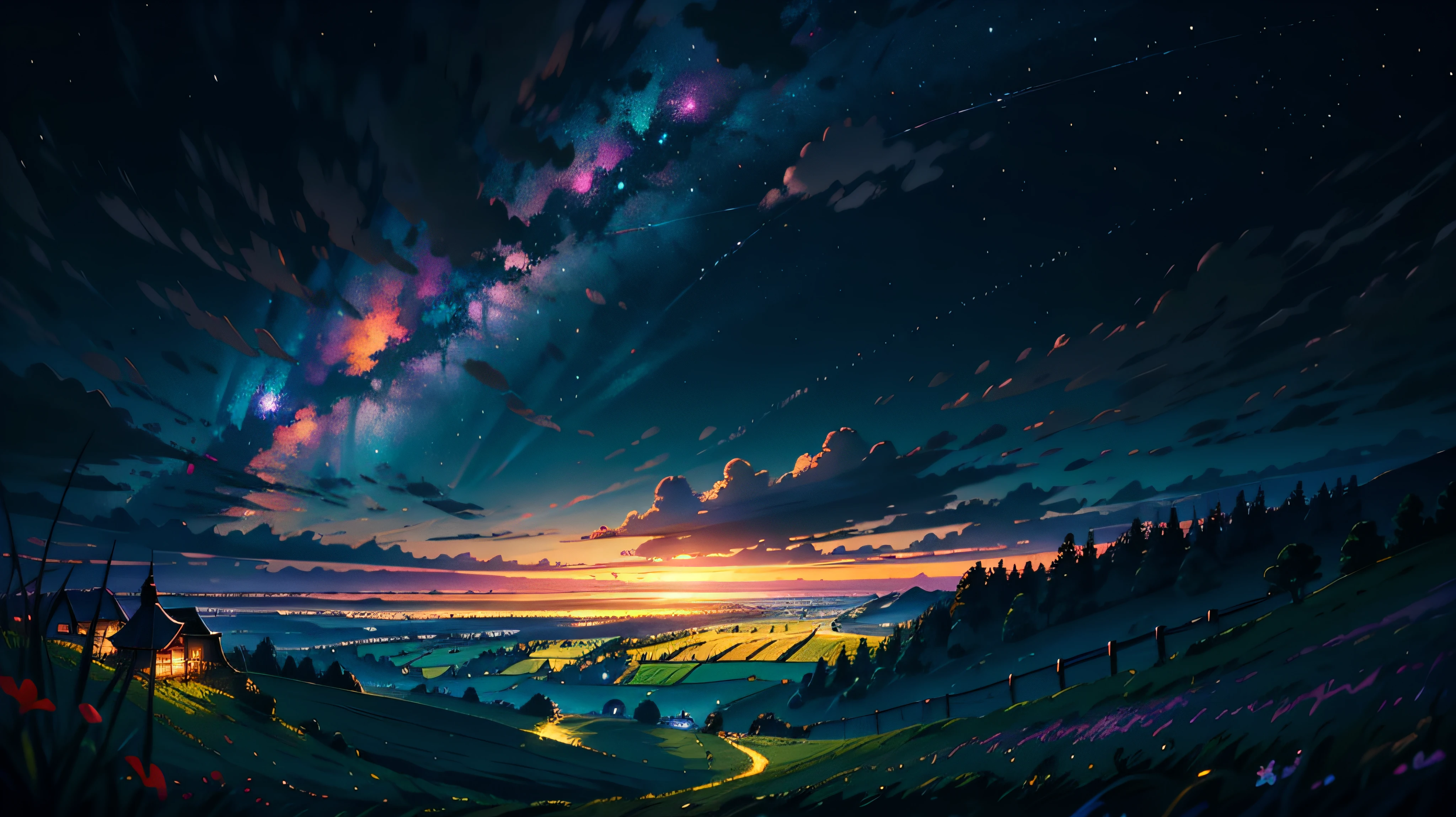 sky, star(sky), landscape, starry sky, night, one girl, night sky, solo, outdoors, building, clouds, milky way, sitting, tree, long hair, urban, silhouette, cityscape, chinese traditional ink painting,