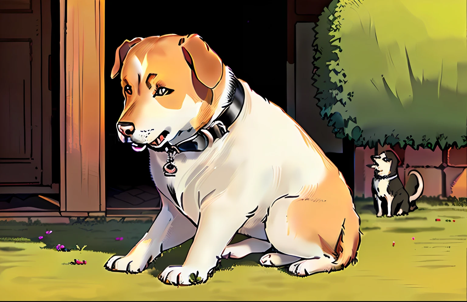 there is a dog that is sitting on the ground looking up, very handsome, mischievous!!, looking to the side off camera, very detailed!, labrador, puppy, a handsome, aww, looking from side!, white labrador retriever face, begging, front facing!!, inquisitive look, very very realistic, a wide full shot, also very detailed