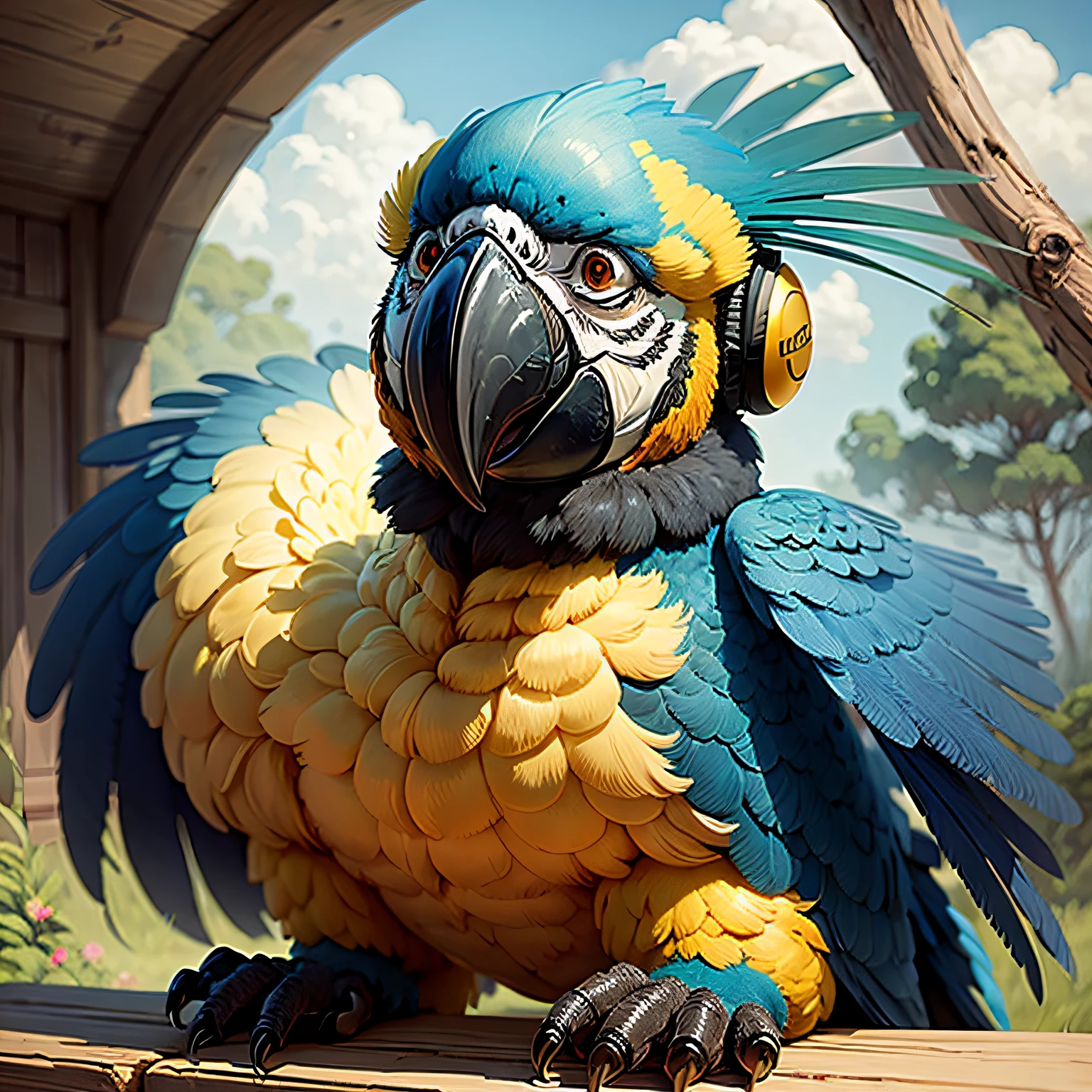 blue macaw cartoon drawing with brazilian headset --auto
