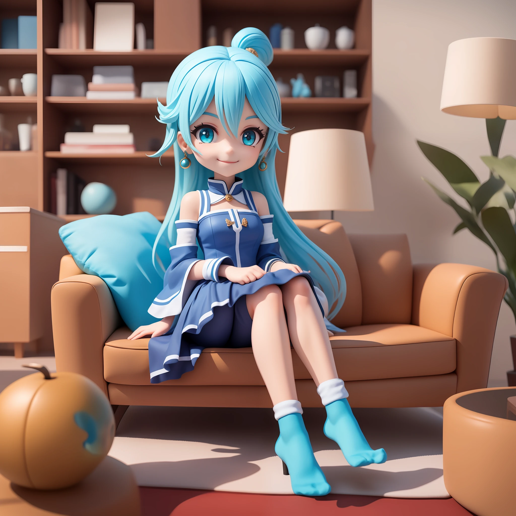 (work-before),(best quality),(Ultra-detailed), (full body: 1.2), 1girl(aqua_Konosuba), chibi,cute, smile, light blue long haircut, blue eyes, earring, blue shirt, blue skirt, lace socks, (sitting on the red couch), seductive posture, smile, An elegant black coffee table sits in front of the sofa and some decorative items are placed on the shelves,  (beautiful and detailed face), (beautiful detailed eyes),