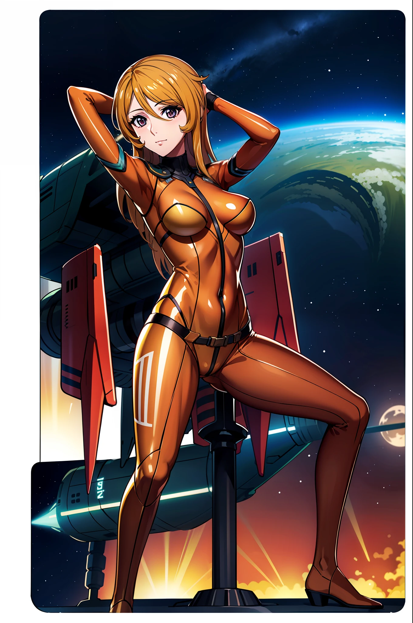 8K, 1girl, spaceship, bodysuit, transparent: 1.4, night, passage, space, big, hard, arms behind head, watch viewer, , solo focus, full body, (masterpiece: 1.4), (best quality: 1.4), (shiny skin), steamed body, crotch insertion, squatting, crotch open,