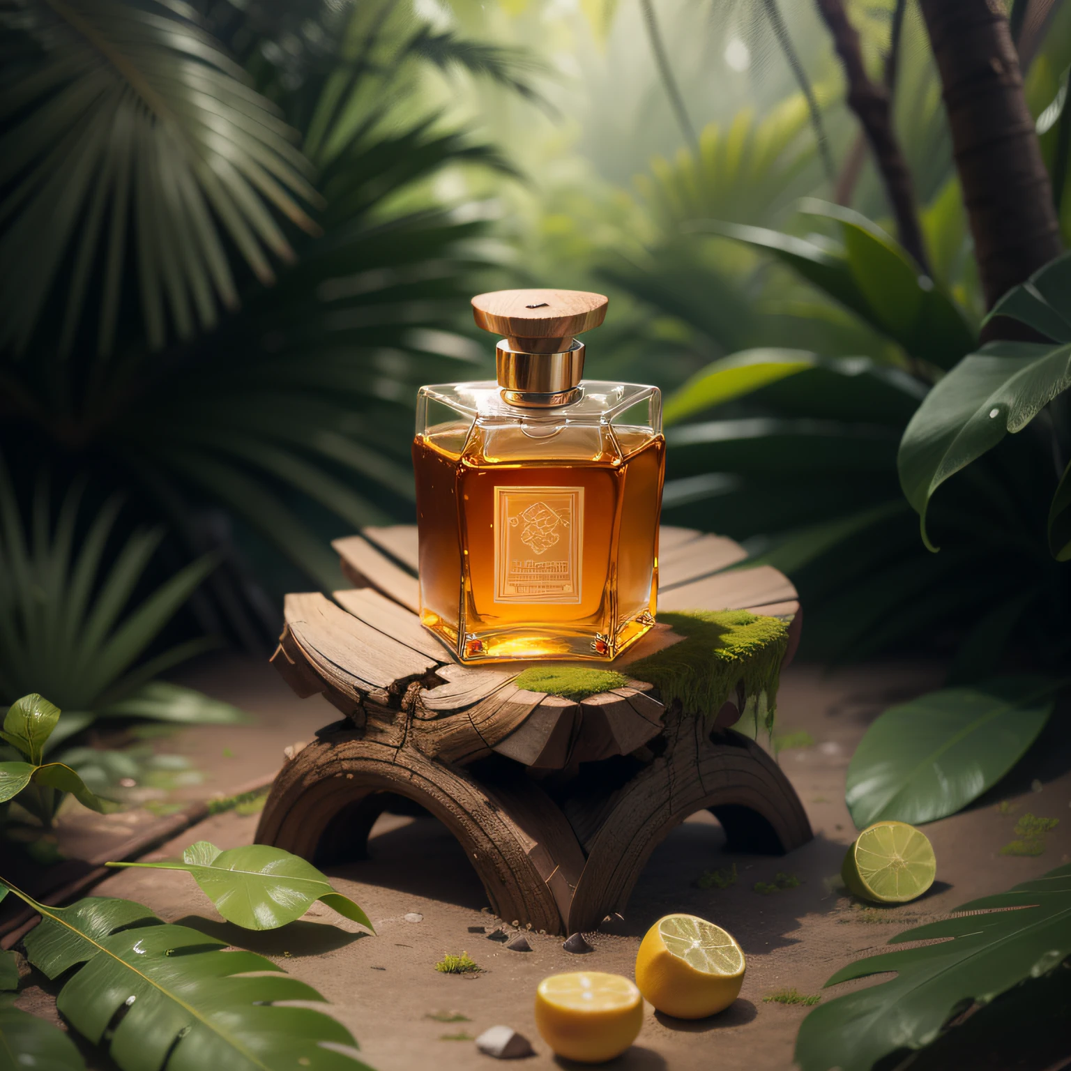picture of a square shaped transparent perfume bottle, with a citrus pieces, sweet colors, leather background, on woody table, smoky environment, tropical forest with mossy floor, studio photography, splash in background, single perfume bottle surrounded by green leaves in a circular shape, front view of bottle