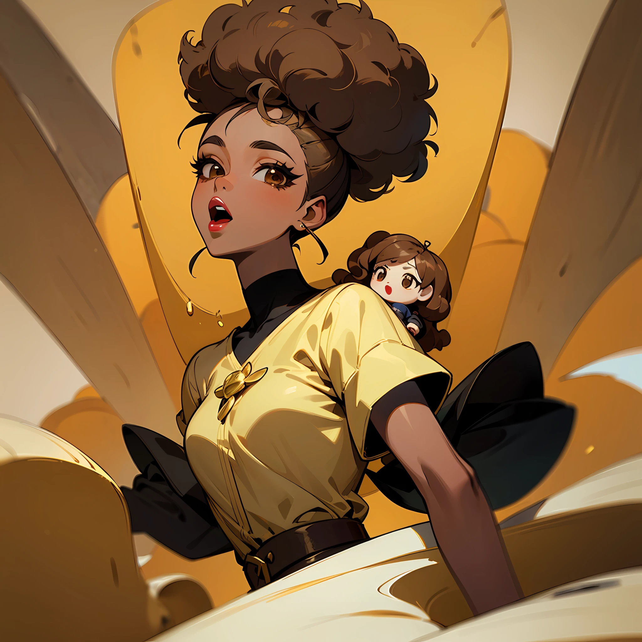 masterpiece, best quality, Royal_bee, LOL_OMG, Fashion_Doll, Dark_brown_skin_tone, afro_textured_curly_hair, Brown_eyes, gold_lipstick gold_eyeshadow, 2D, cartoon, artwork, medium body, one person --auto