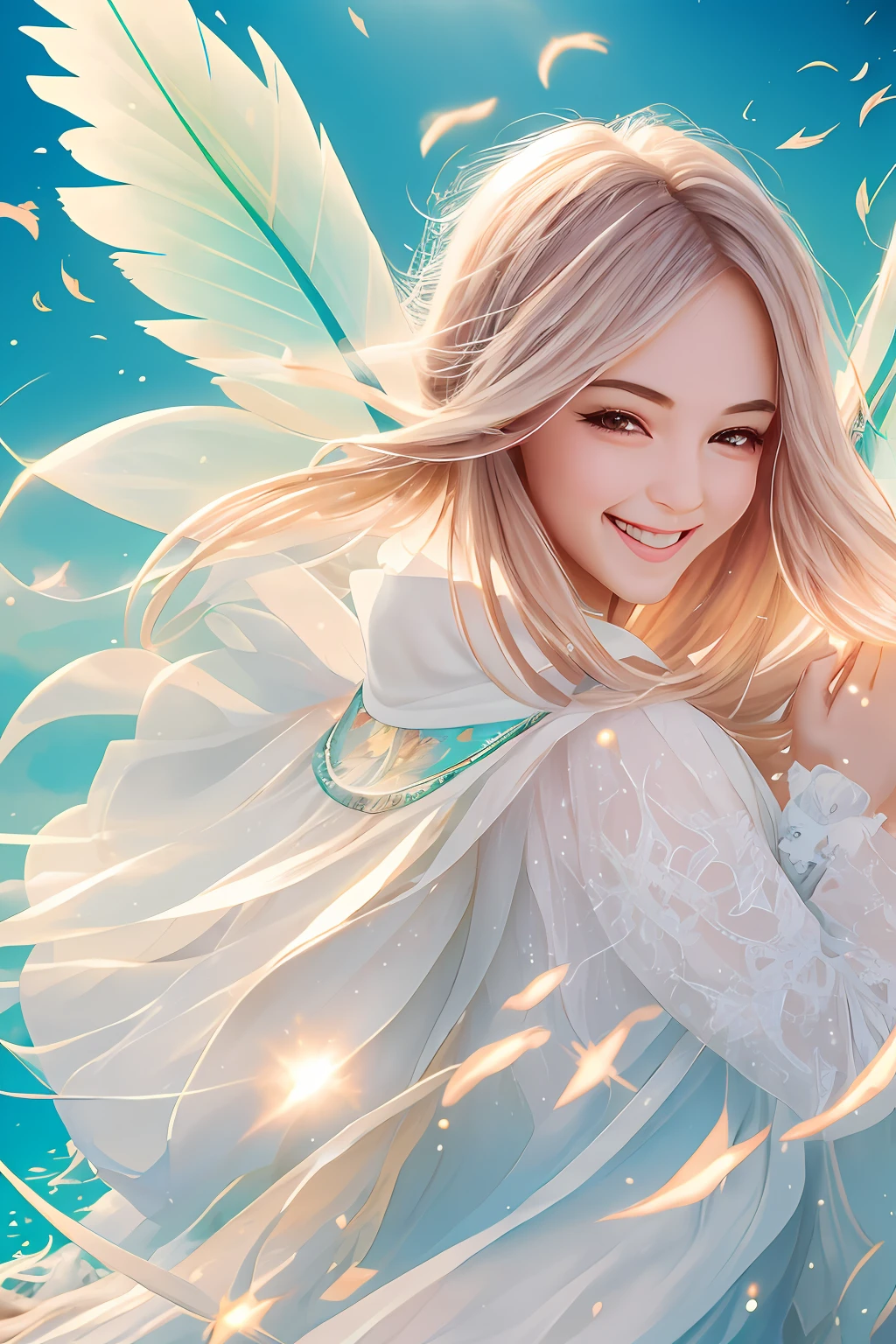 wizard, fairy, powerful, gentle angel, flash, light, big feather, fun, playful, beauty, bright background, high image quality, parent and , bright smile, strong light, enjoy, lassen, sea background