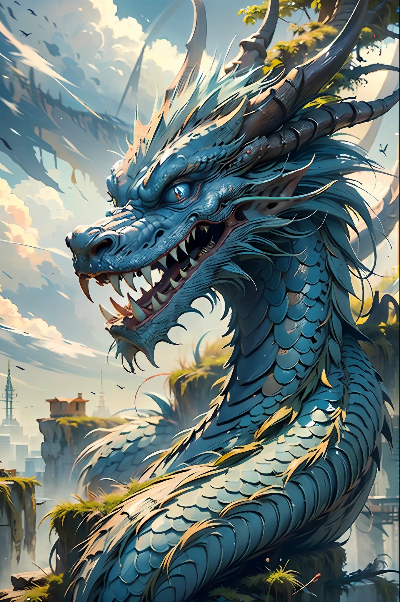(8k, RAW photo, best quality, ultra detailed CG unity 8k wallpaper,masterpiece:1.2), a blue dragon, 3d, ultra beautiful detailed eyes, Precise blue iris depiction,ultra-detailed face,
Best Quality, Masterpiece, Ultra High Resolution, Human, Tree, Teeth, Sharp Teeth, Blue Eyes, Clouds, Outdoor, 1 Other, Fantasy, Horns, Sky, Mist, Open Mouth, Monster, Landscape, Ultra-Detailed Beautiful Background Drawn by Professional Illustrator