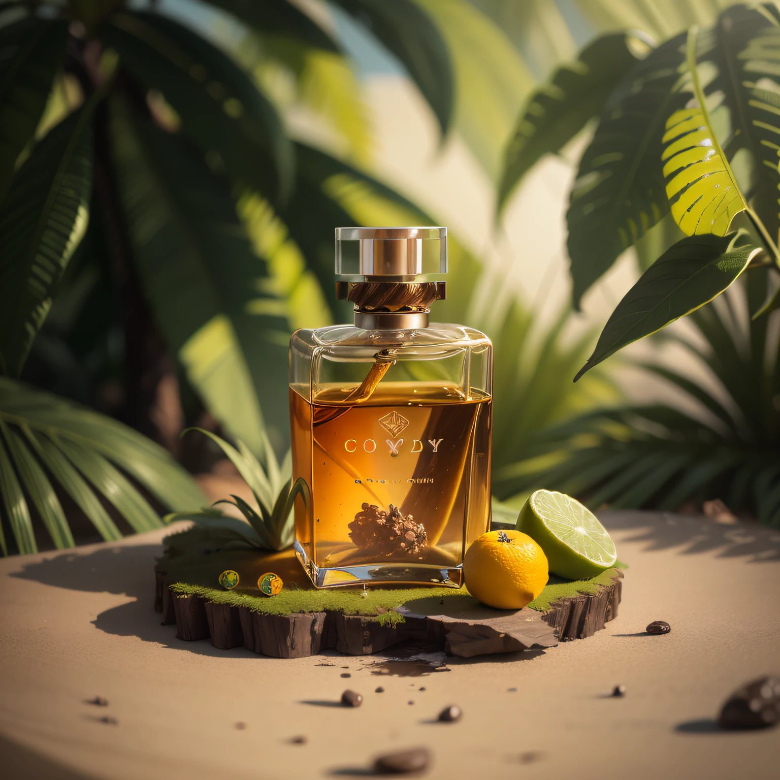 picture of a square shaped transparent perfume bottle, with a citrus pieces, sweet colors, leather background, on woody table, smoky environment, tropical forest with mossy floor, studio photography, splash in background, single perfume bottle surrounded by green leaves in a circular shape, front view of bottle